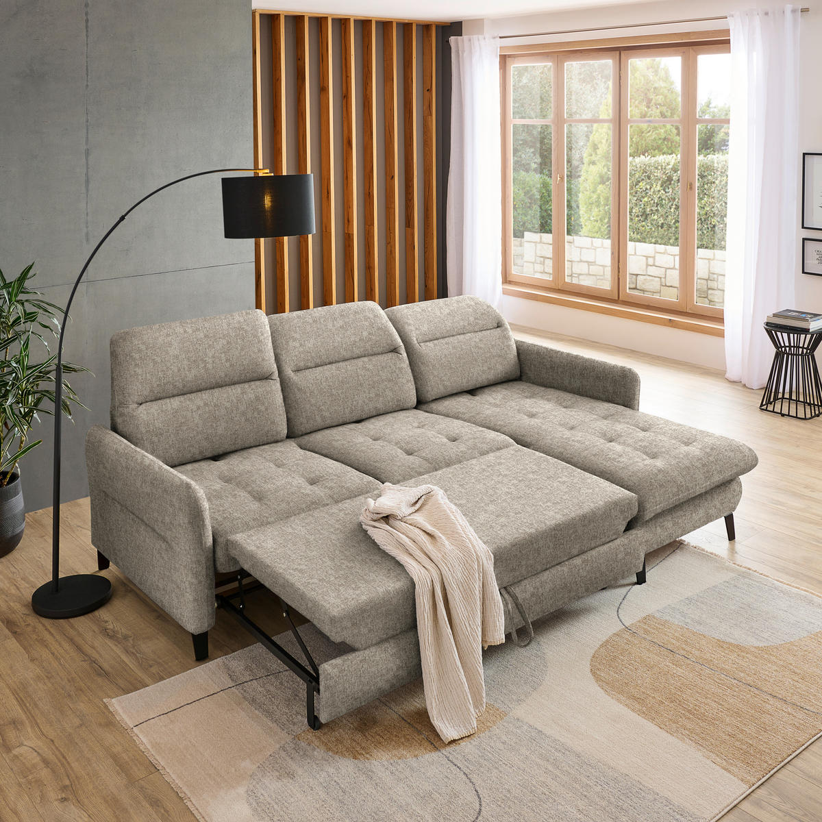ECKSOFA Greige Chenille  - Greige/Schwarz, KONVENTIONELL, Textil/Metall (254/190cm) - Livetastic