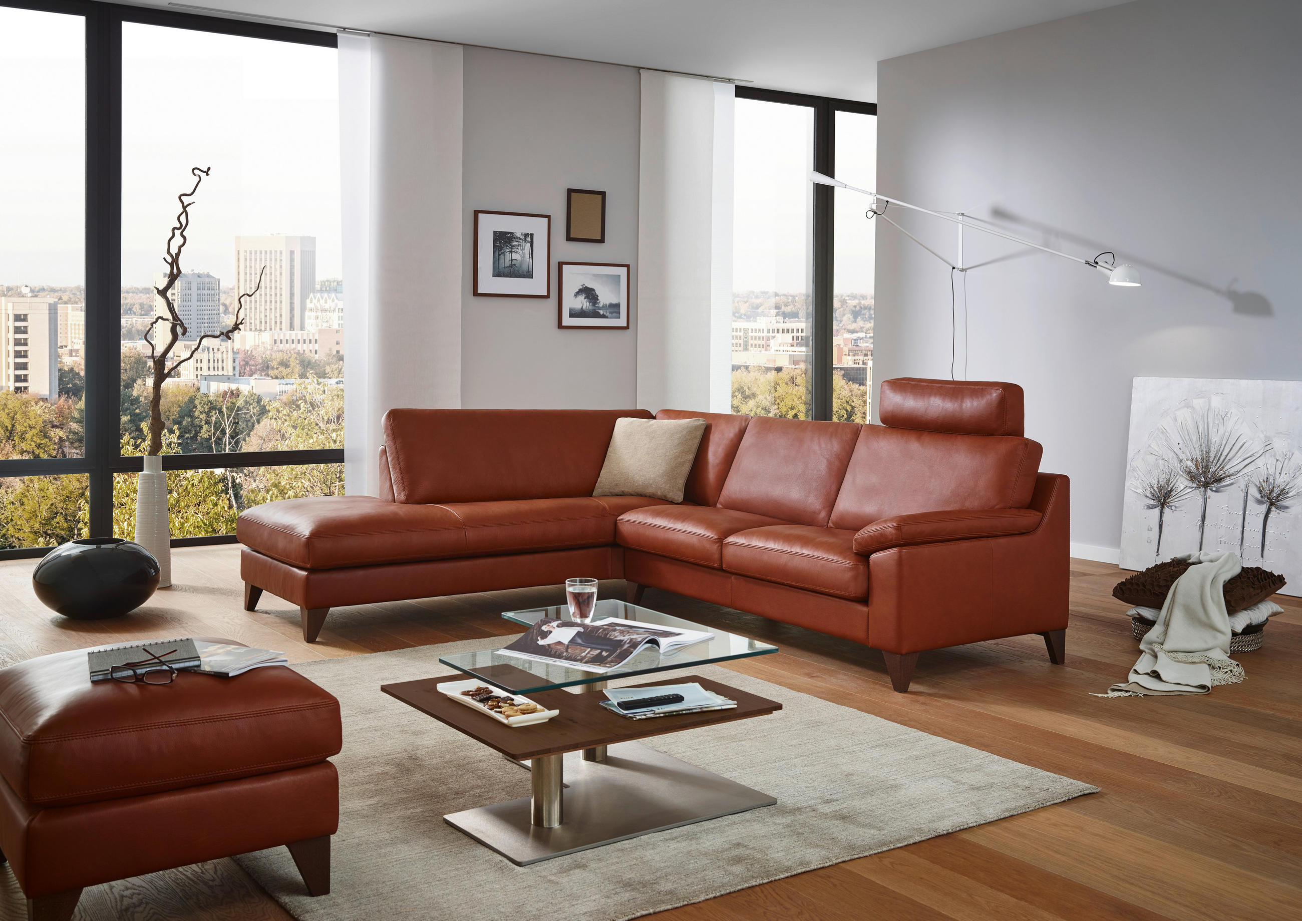 ECKSOFA in Echtleder  225/260 cm  - Nussbaumfarben, Design, Leder/Holz (225/260cm) - Erpo