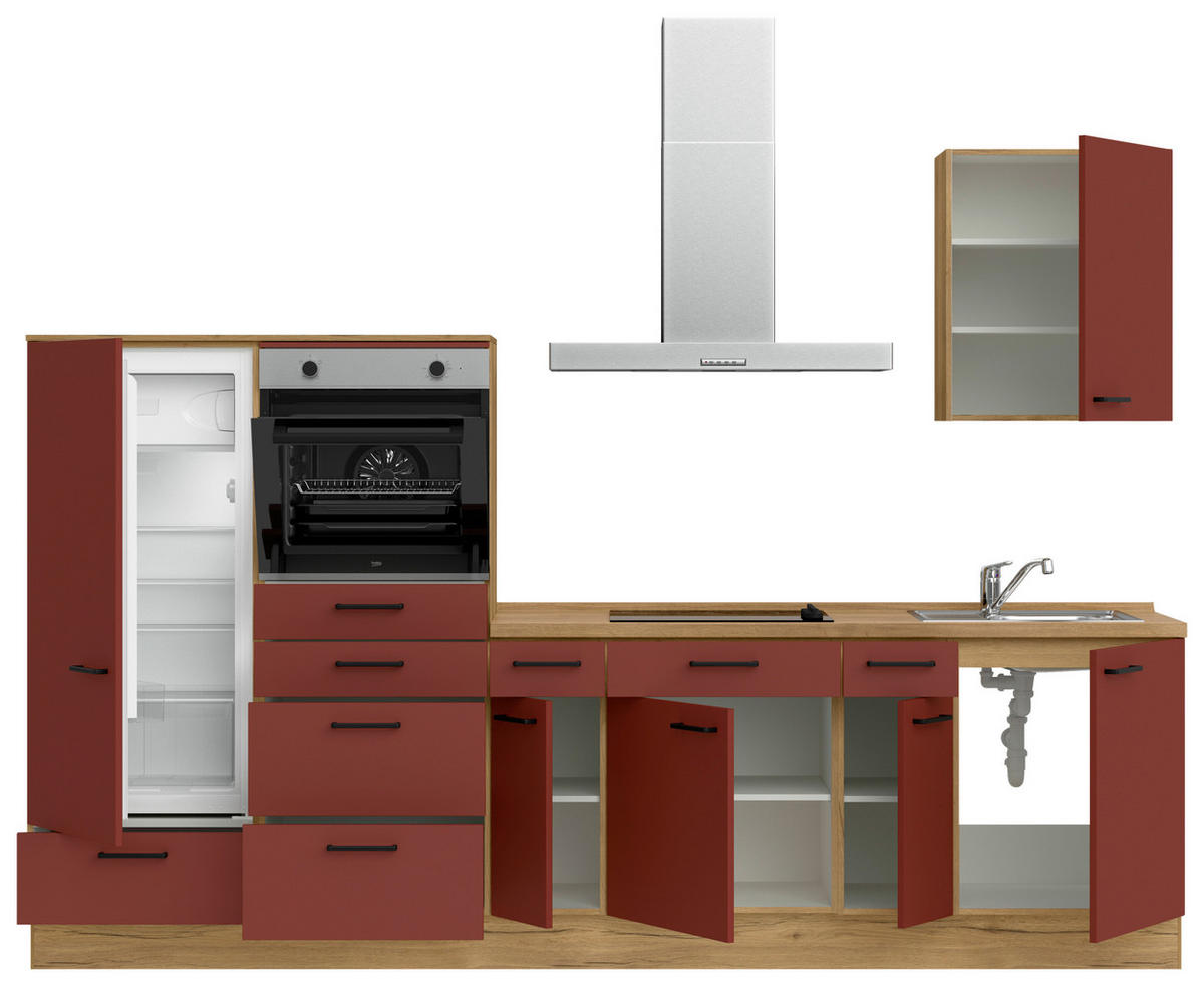 KÜCHENLEERBLOCK 300 cm   in Rot, Eichefarben  - Eichefarben/Rot, MODERN, Holzwerkstoff/Metall (300cm) - Nobilia