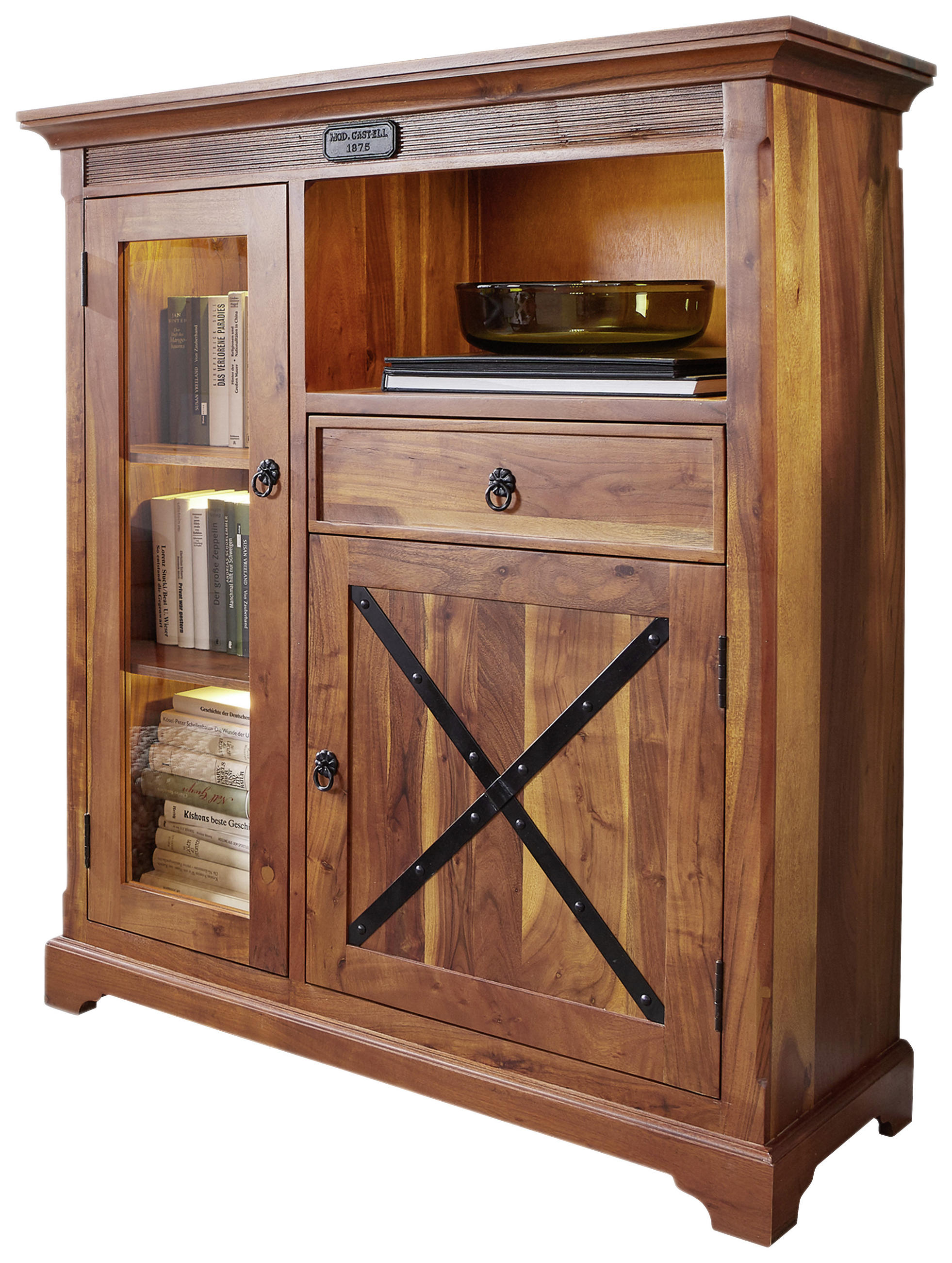HIGHBOARD Akazie massiv Akaziefarben  - Schwarz/Akaziefarben, LIFESTYLE, Holz/Metall (114/129/45cm) - Livetastic