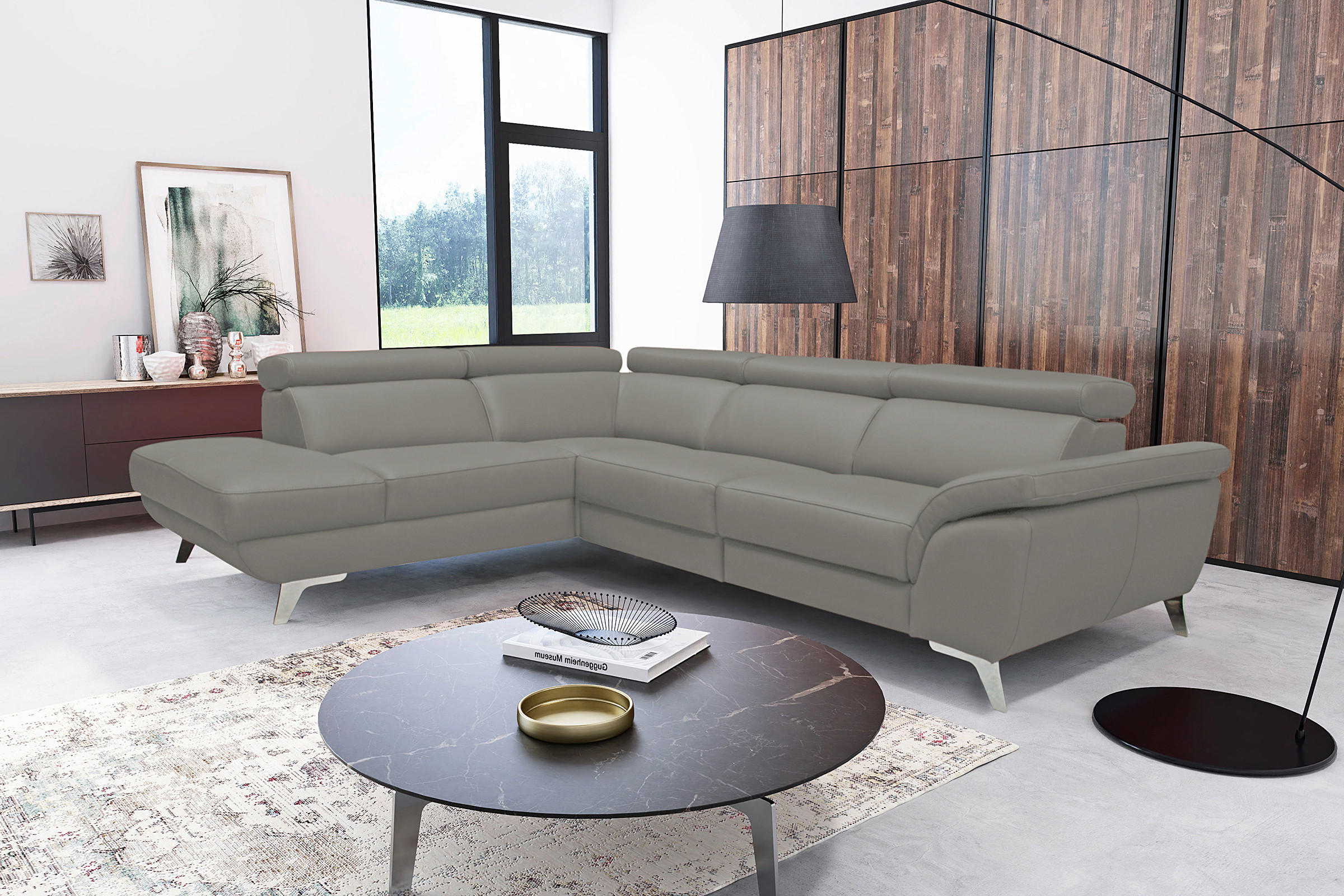 ECKSOFA Echtleder Grau  - Silberfarben/Grau, Design, Leder/Metall (228/283cm) - Livetastic
