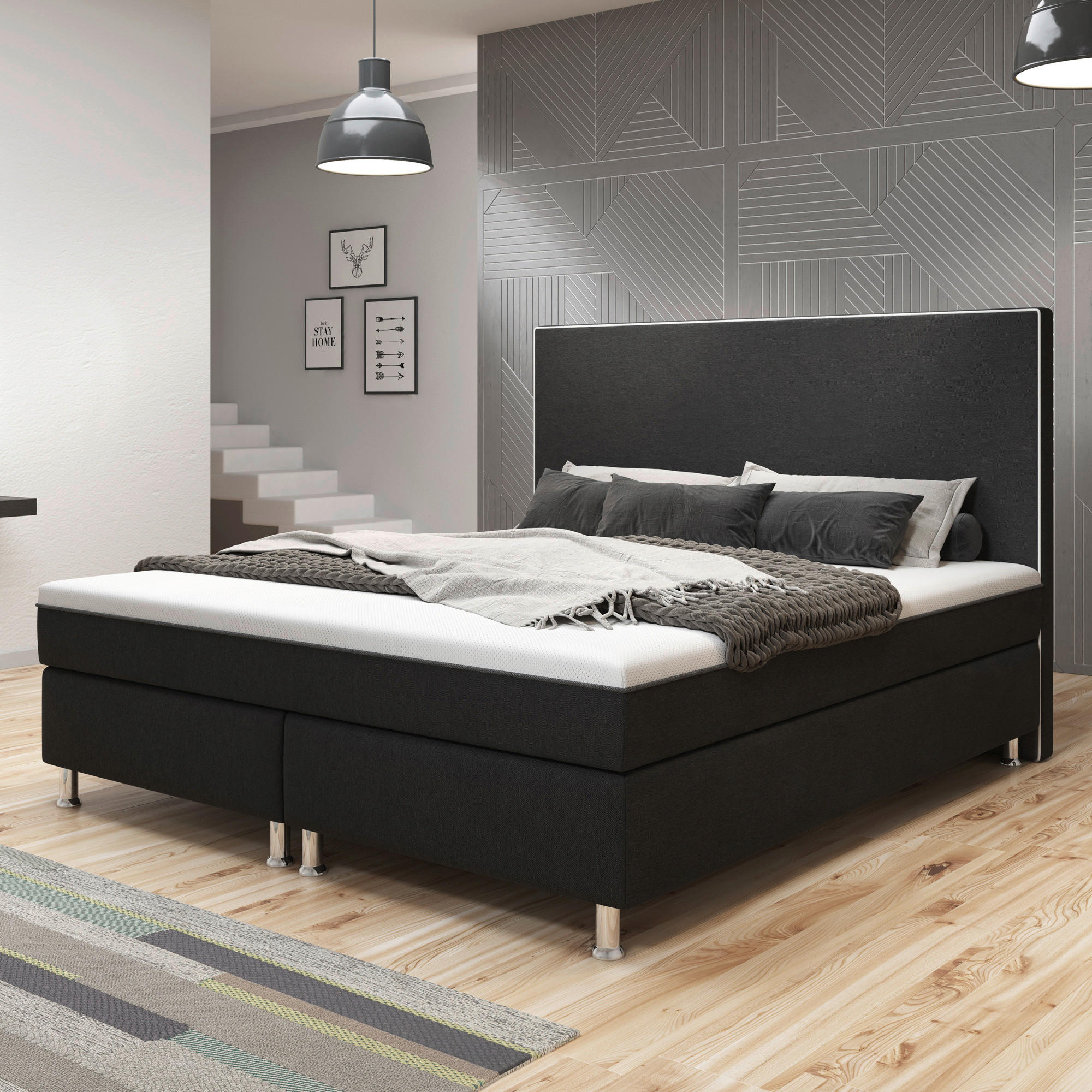 BOXSPRINGBETT 180/200 cm  in Schwarz  - Silberfarben/Schwarz, KONVENTIONELL, Textil/Metall (180/200cm) - MID.YOU