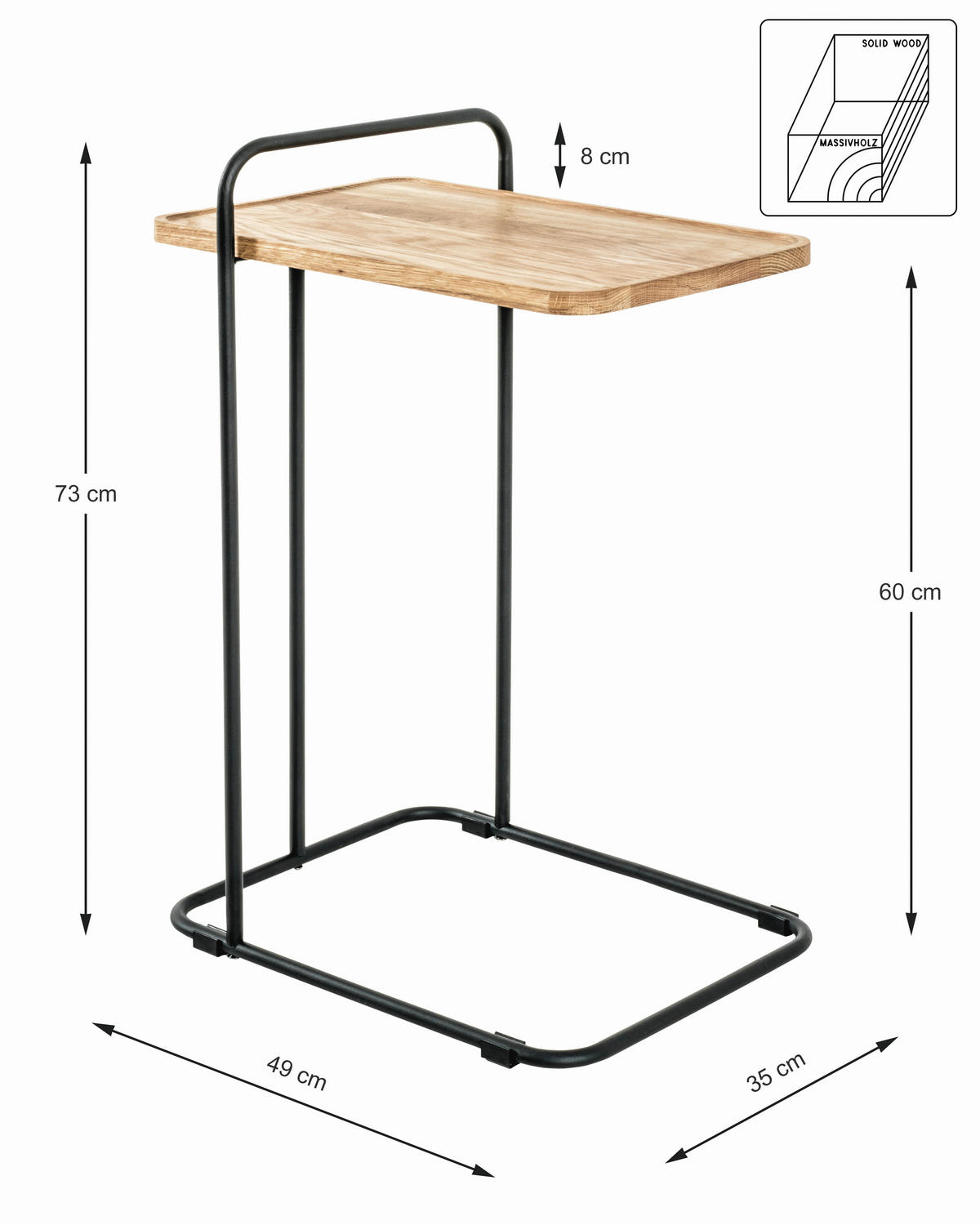 BEISTELLTISCH 49/35/73 cm Eiche massiv Schwarz, Eichefarben rechteckig  - Eichefarben/Schwarz, Trend, Holz/Metall (49/35/73cm)