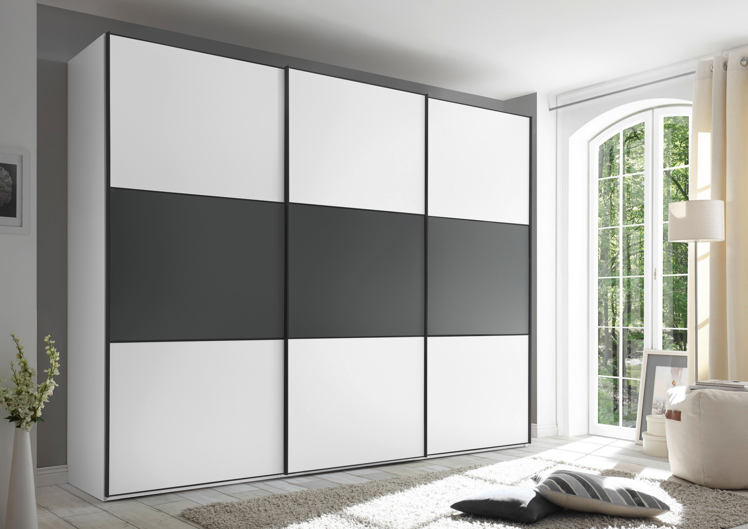 SCHWEBETÜRENSCHRANK 298/222/68 cm 3-türig Anthrazit, Weiß  - Anthrazit/Schwarz, Holzwerkstoff/Metall (298/222/68cm) - Moderano