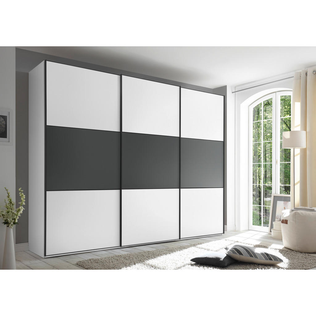 Thumbnail - Moderano Schwebetürenschrank, Anthrazit, Weiß, Holzwerkstoff, 6 Fächer, 2 Schubladen, 280x222x68 cm, Goldenes M, BQ - Bü...