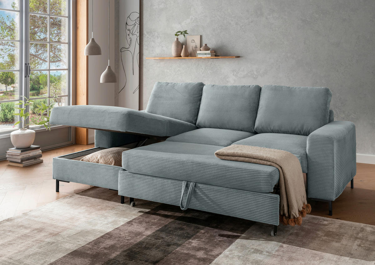ECKSCHLAFSOFA  mit Rücken echt Cord Hellblau  - Schwarz/Hellblau, KONVENTIONELL, Textil/Metall (143/237cm) - Livetastic