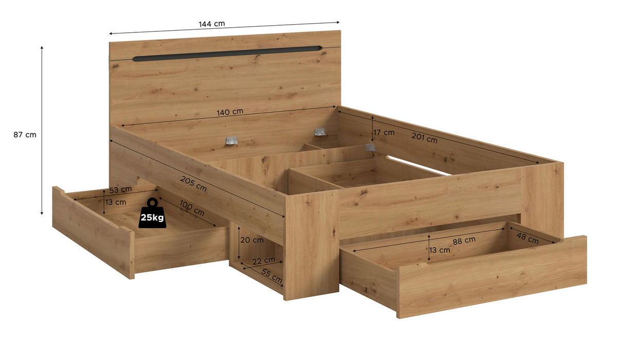 BETT 140/200 cm  in Grau, Eiche Artisan  - Eiche Artisan/Grau, MODERN, Holzwerkstoff (140/200cm) - MID.YOU