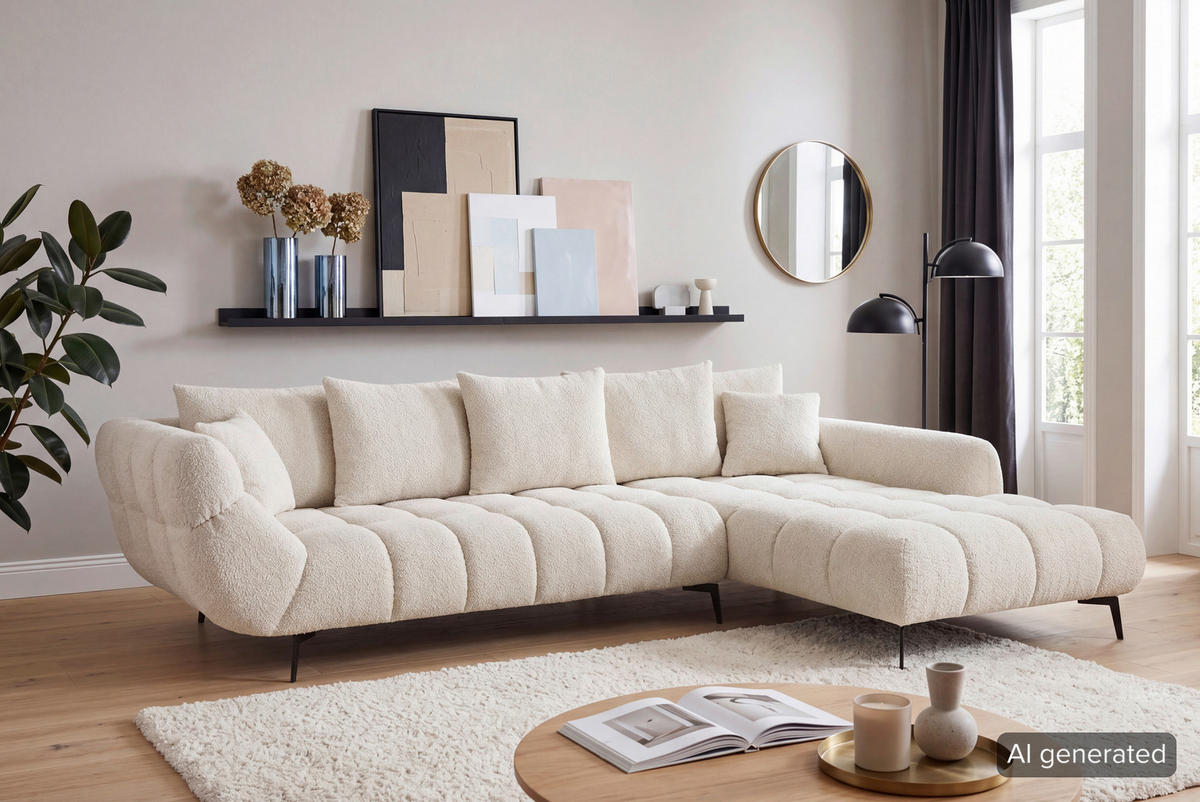 ECKSOFA 318/217 cm  in Bouclé Naturfarben Zierkissen, Rückenkissen, Rücken echt  318/217 cm  - Schwarz/Naturfarben, MODERN, Textil/Metall (318/217cm) - Carryhome