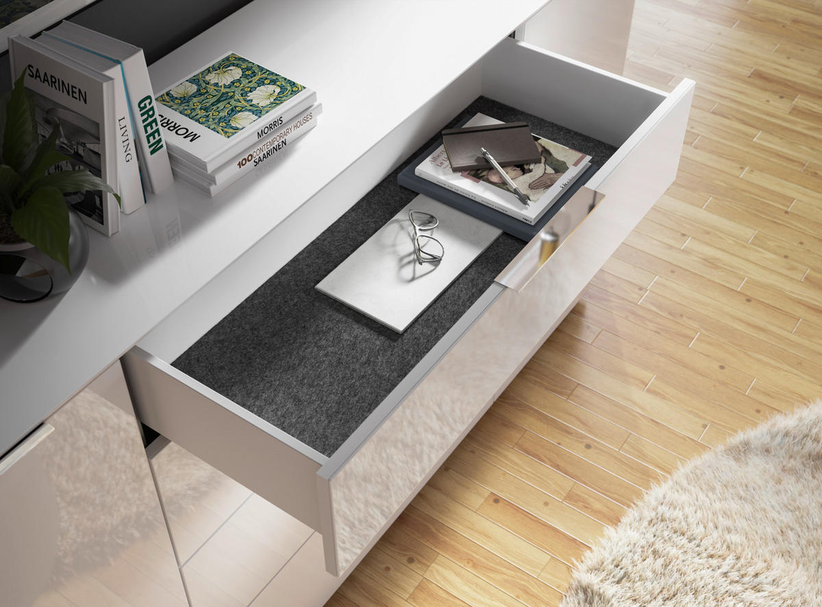 SIDEBOARD Style  in 225/98,7/40 cm  - Chromfarben/Weiß Hochglanz, Basics, Glas/Holzwerkstoff (225/98,7/40cm)