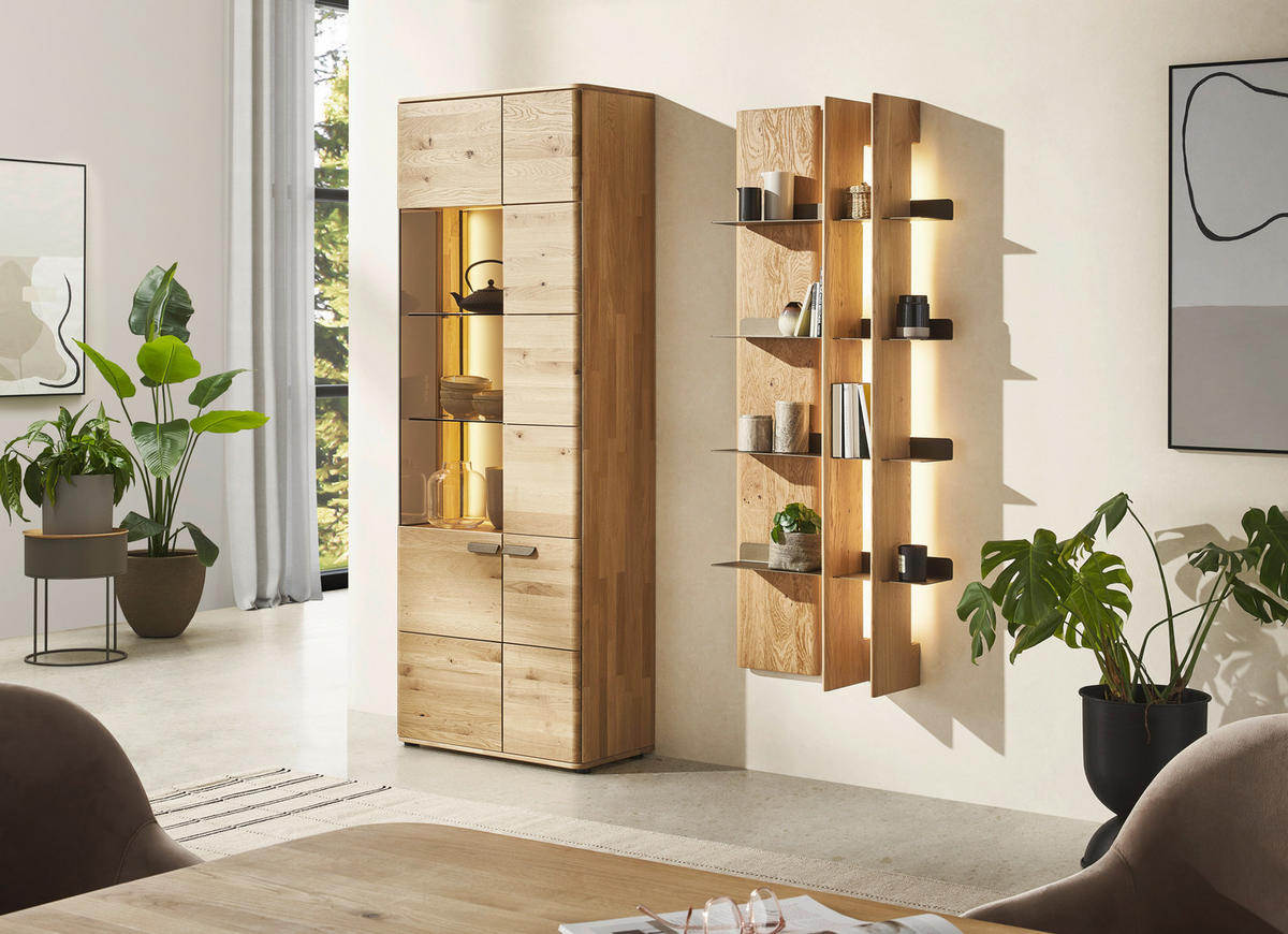 VITRINE  in massiv Wildeiche Wildeiche - Wildeiche/Schwarz, Natur, Glas/Holz (76,9/207/37,1cm) - Valnatura