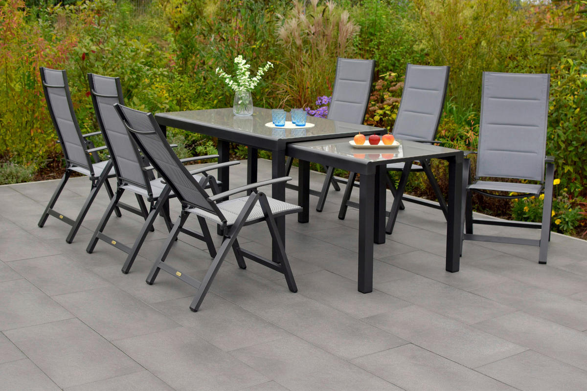 GARTENSET 7-teilig Aluminium ,[ ]}7-teilig  - Graphitfarben/Grau, MODERN, Glas/Textil - Gardenson