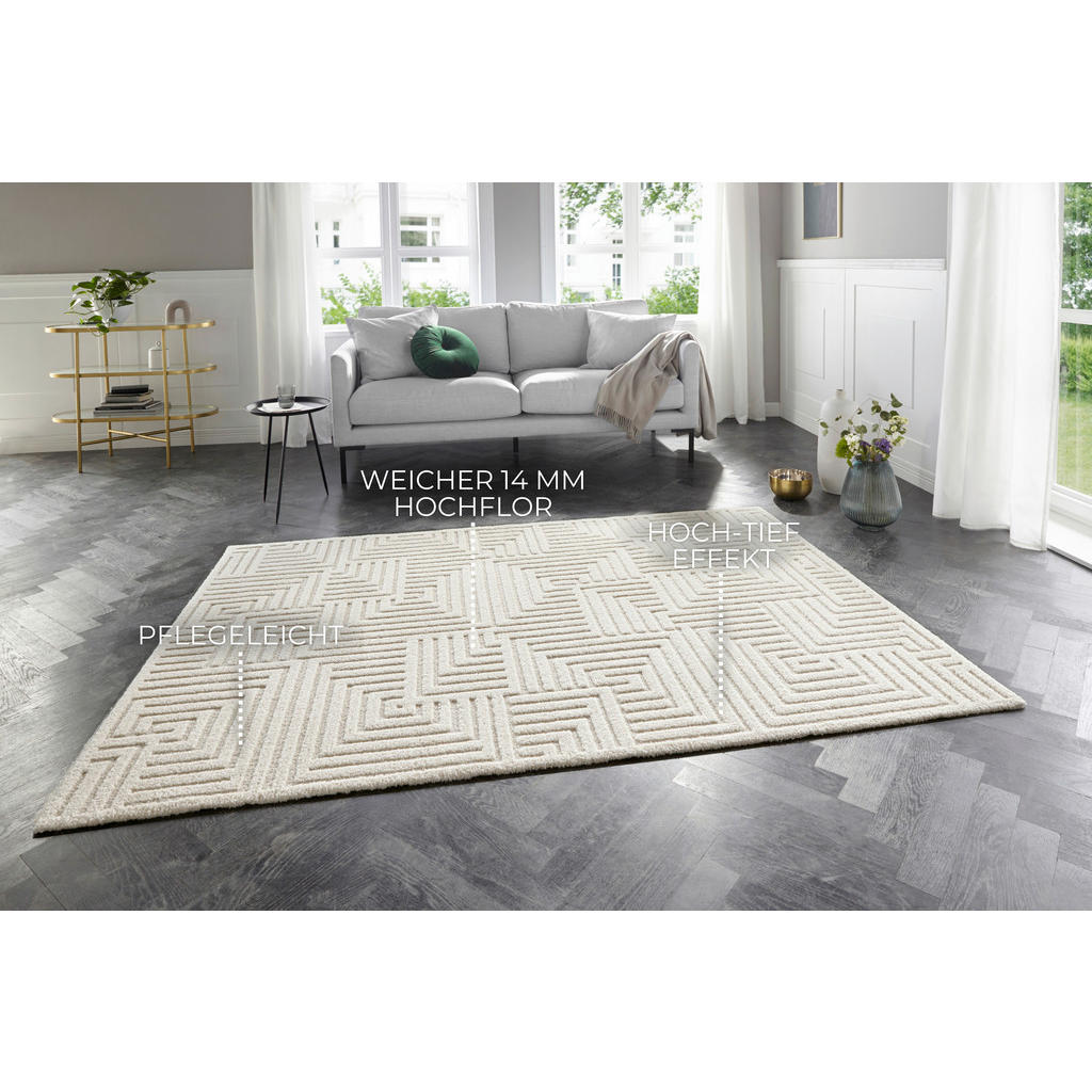 Thumbnail - Xxxl Hochflorteppich New York, Creme, Kunststoff, geometrisch, rechteckig, 200x290 cm, Oeko-Tex® Standard 100, für Fußbo...