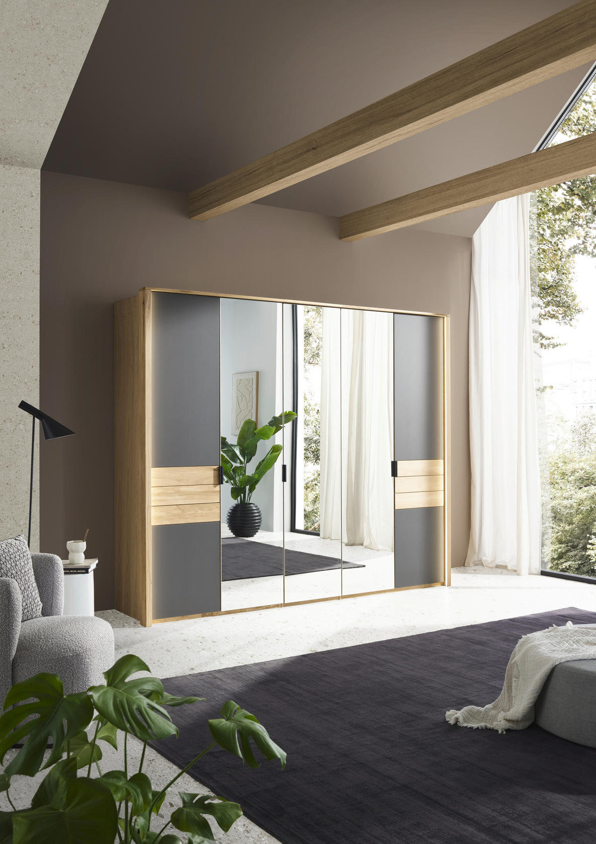 DREHTÜRENSCHRANK 252/214/62 cm 5-türig Anthrazit, Eichefarben  - Eichefarben/Anthrazit, Natur, Glas/Holz (252/214/62cm) - Valnatura