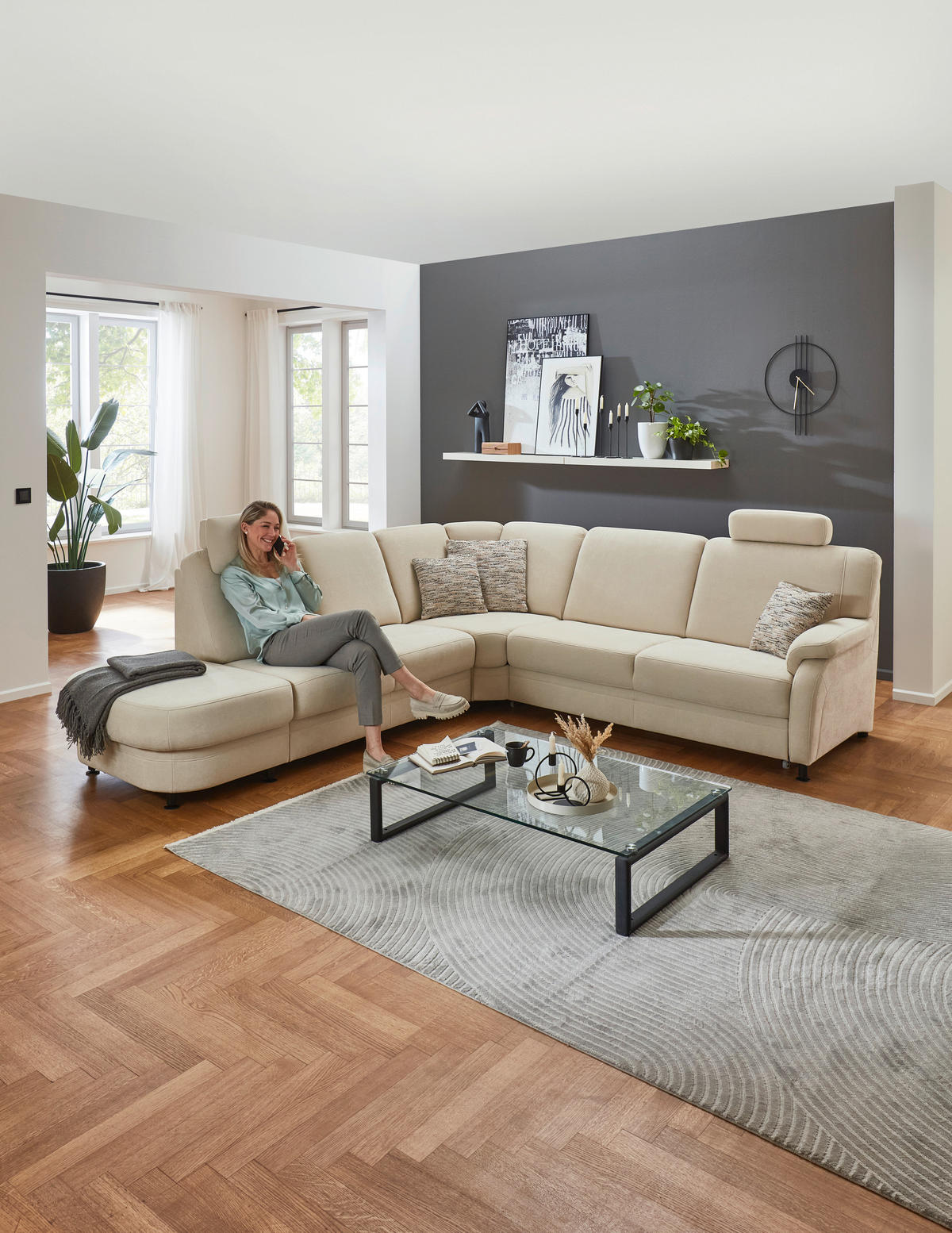 ECKSOFA in Flachgewebe Beige  - Beige/Schwarz, Konventionell, Textil/Metall (287/269cm) - Beldomo System