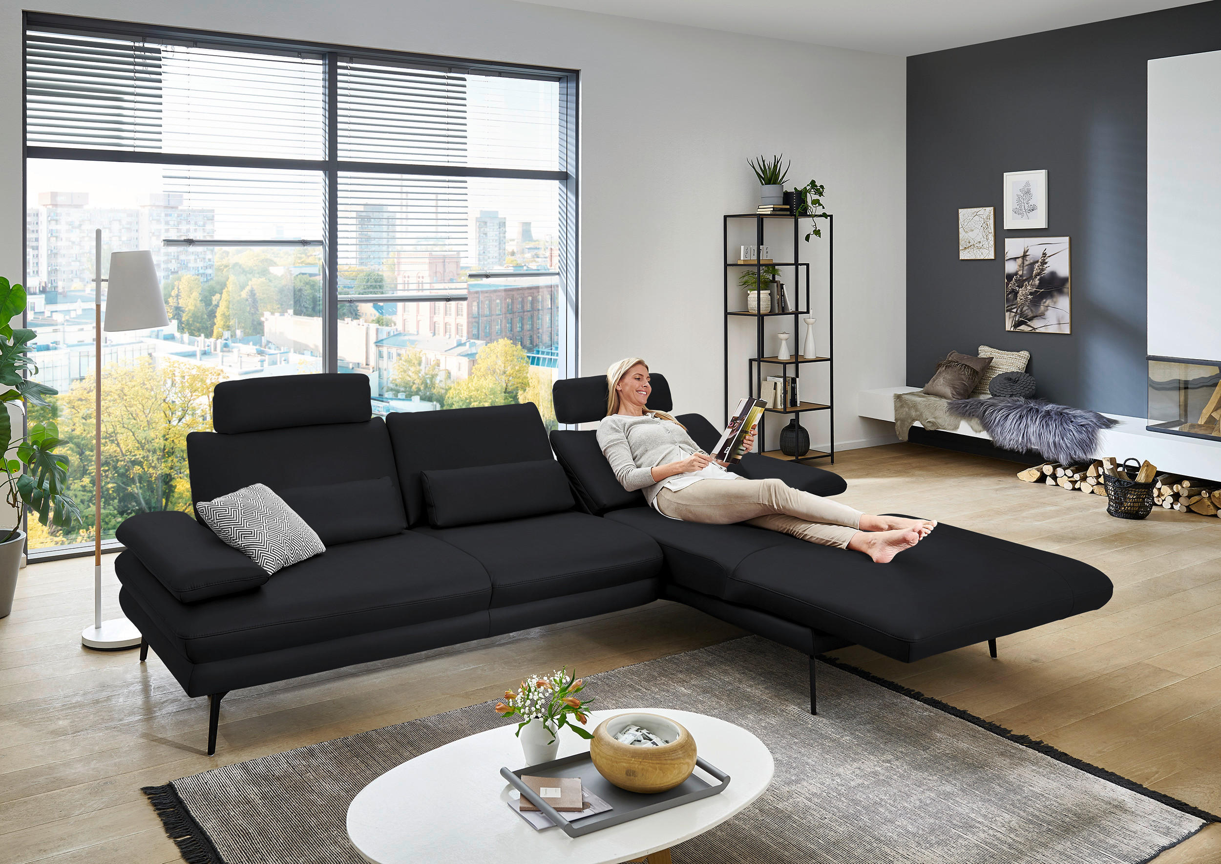 ECKSOFA in Echtleder Anthrazit  310/180 cm  - Anthrazit/Schwarz, Design, Leder/Metall (310/180cm) - Dieter Knoll