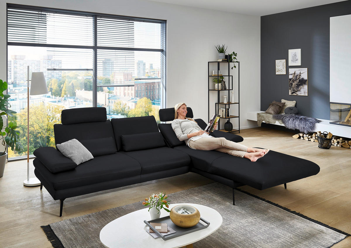 ECKSOFA in Echtleder Anthrazit  - Anthrazit/Schwarz, Design, Leder/Metall (310/180cm) - Dieter Knoll