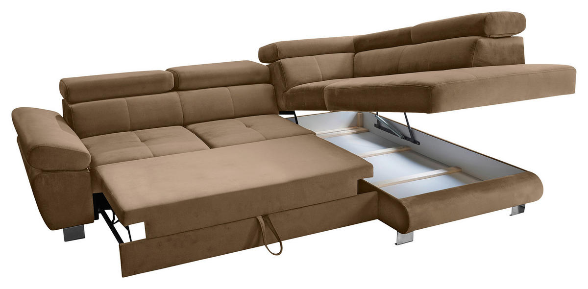 ECKSOFA Braun Webstoff Bettkasten, Schlaffunktion, Rücken echt, Armteilverstellung, Kopfteilverstellung  - Chromfarben/Braun, MODERN, Textil/Metall (278/205cm) - Stylife