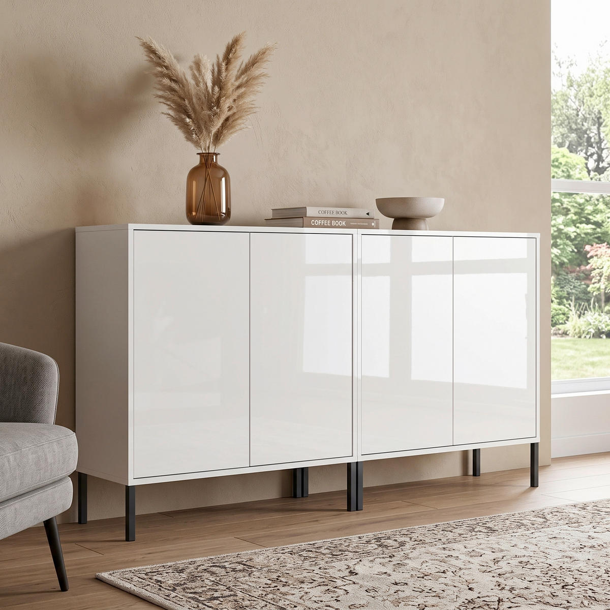 SIDEBOARD Mailand Set 2 + MF 158/86/33 cm  - Weiß Hochglanz/Anthrazit, MODERN, Holzwerkstoff/Metall (158/86/33cm) - MID.YOU
