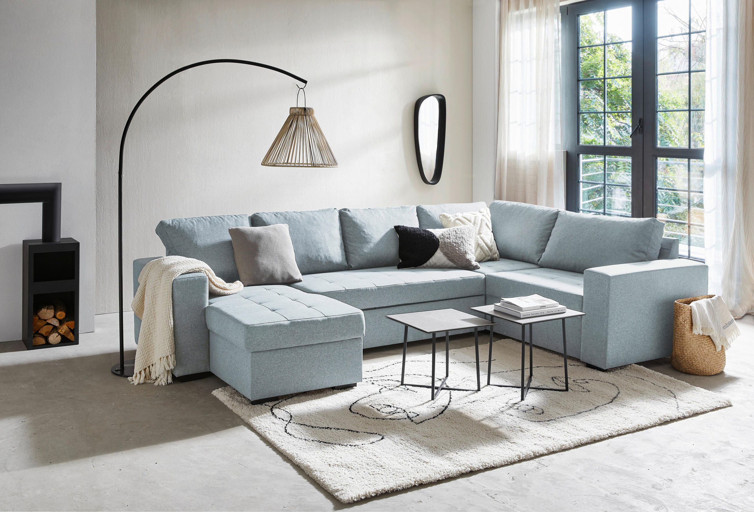 WOHNLANDSCHAFT Türkis Webstoff  - Türkis/Schwarz, KONVENTIONELL, Kunststoff/Textil (157/313/207cm) - Ti'me