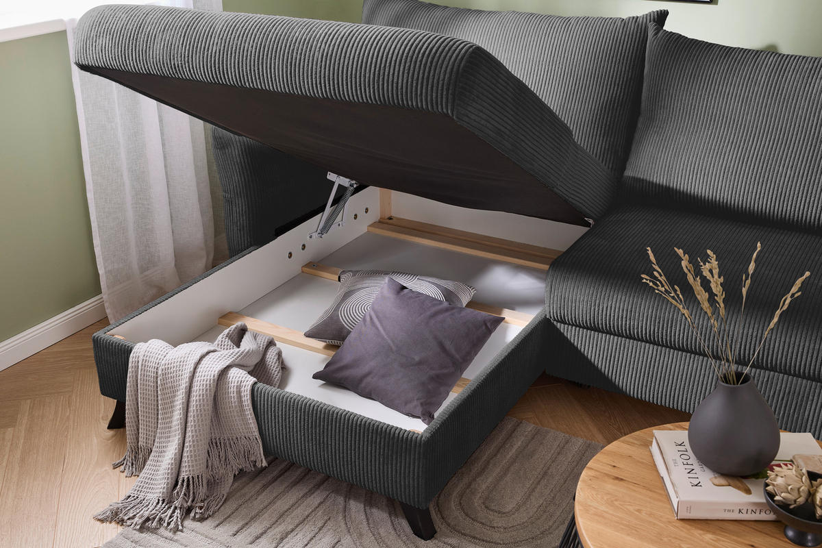 ECKSOFA in Cord Anthrazit  - Anthrazit/Schwarz, Romantik / Landhaus, Holz/Textil (245/159cm) - Stylife