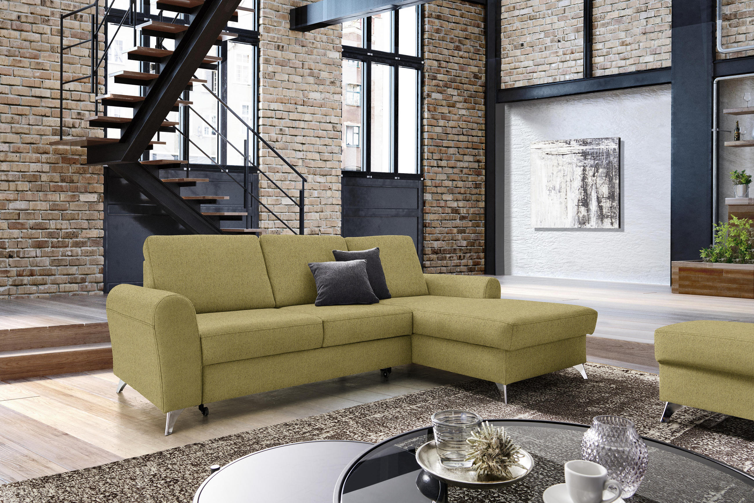ECKSOFA Gelb Flachgewebe  - Gelb/Silberfarben, Design, Textil/Metall (244/167cm) - Cantus