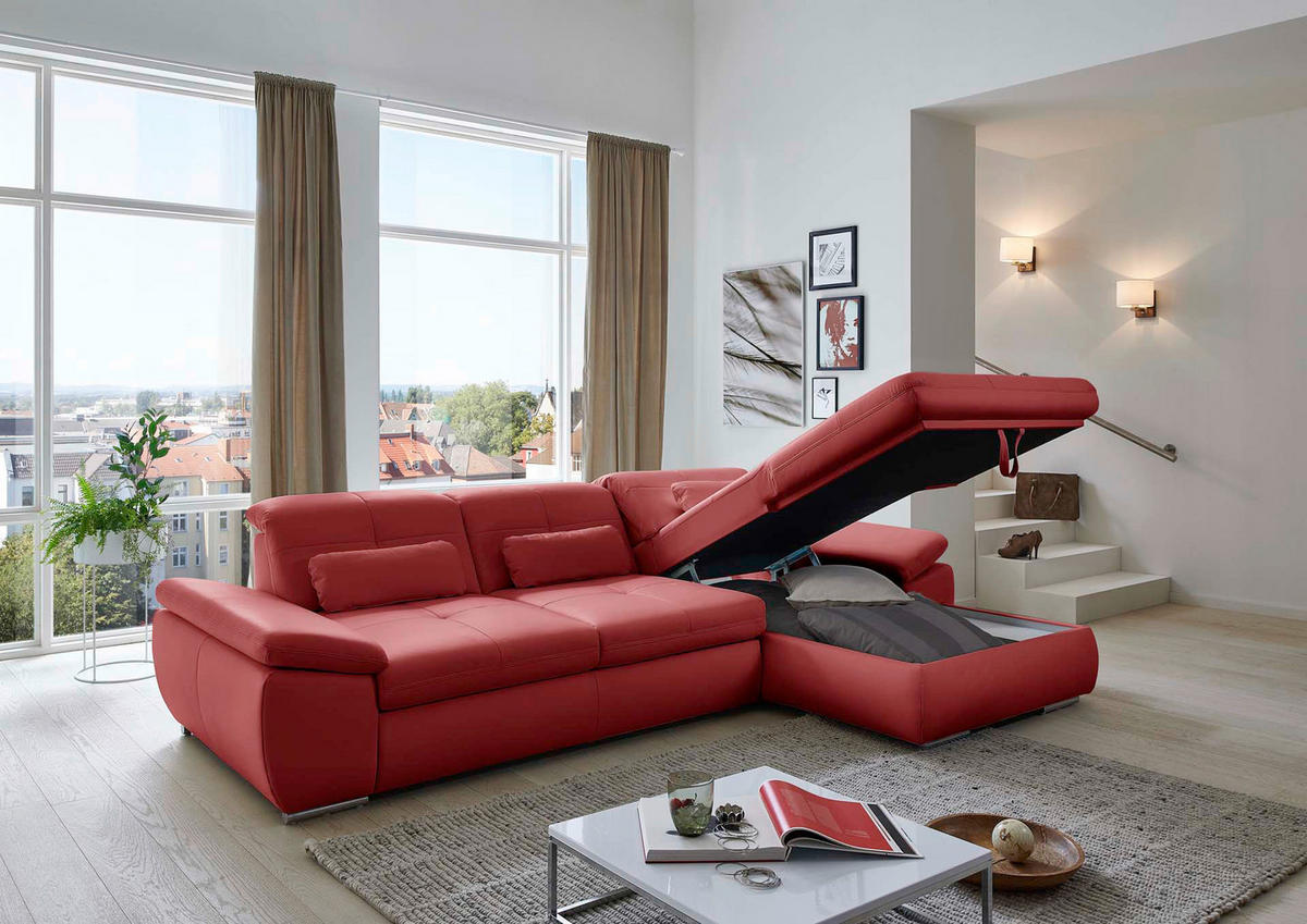 ECKSOFA in Echtleder Weiss  - Weiss/Edelstahlfarben, Design, Leder/Metall (325/195cm) - Beldomo Speed