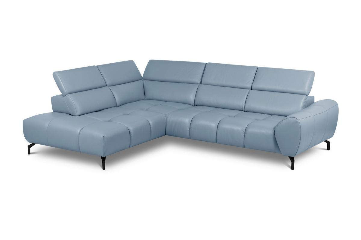 ECKSOFA AERO Graublau Echtleder Rücken echt, Kopfteilverstellung  - Graublau/Schwarz, MODERN, Leder/Metall (294/224cm) - Celina Home