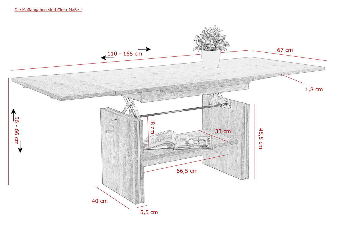 COUCHTISCH in Holzwerkstoff 110-165/67/56-66 cm  - Eichefarben, MODERN, Holzwerkstoff (110-165/67/56-66cm) - MID.YOU