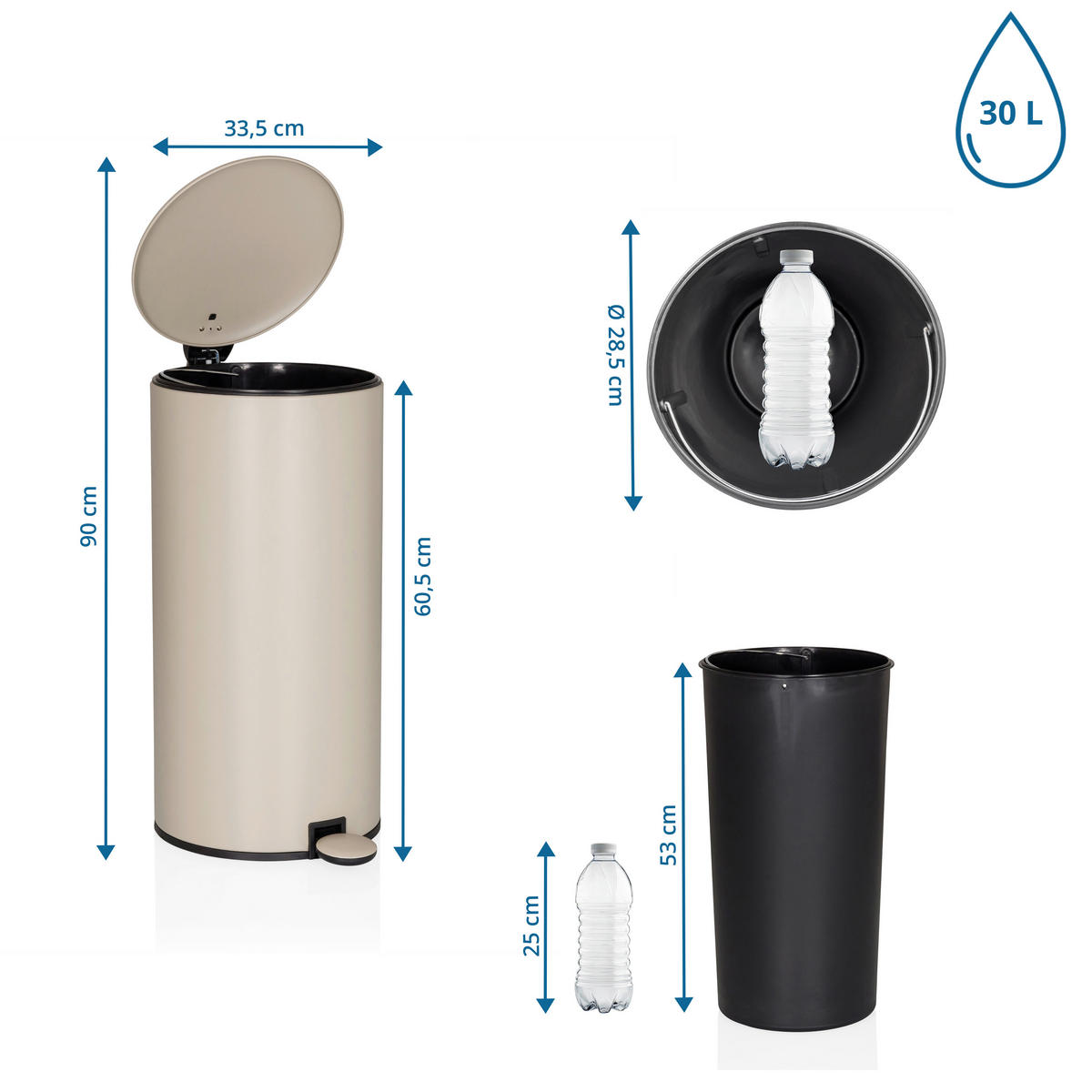 ABFALLEIMER 30 L  - Beige/Schwarz, MODERN, Kunststoff/Metall (33,5/60,5/29cm) - MID.YOU