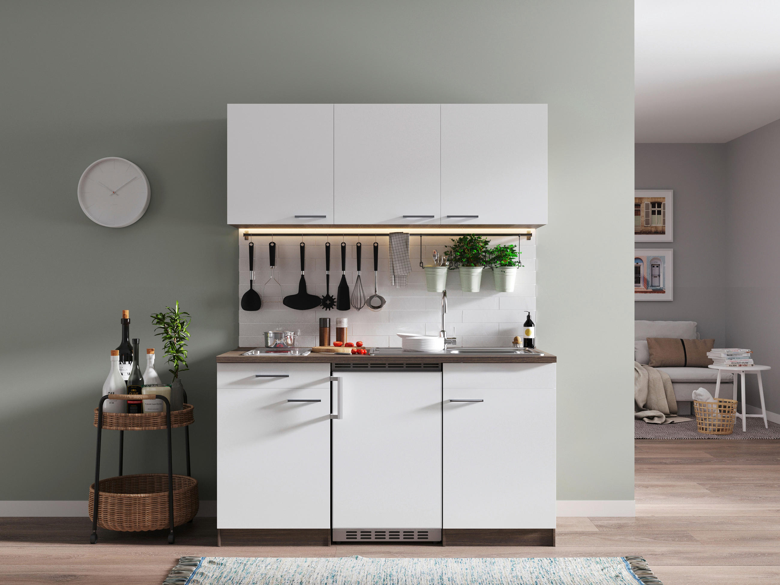 MINIKÜCHE 150 cm   in Weiß  - Eichefarben/Alufarben, Basics, Holzwerkstoff/Kunststoff (150cm) - Respekta