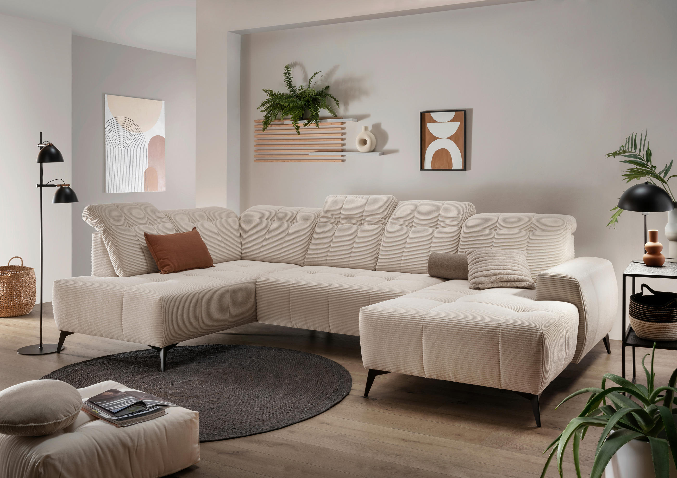 WOHNLANDSCHAFT SANO in Cord Beige  - Beige/Schwarz, MODERN, Textil/Metall (200/337/180cm) - Livetastic