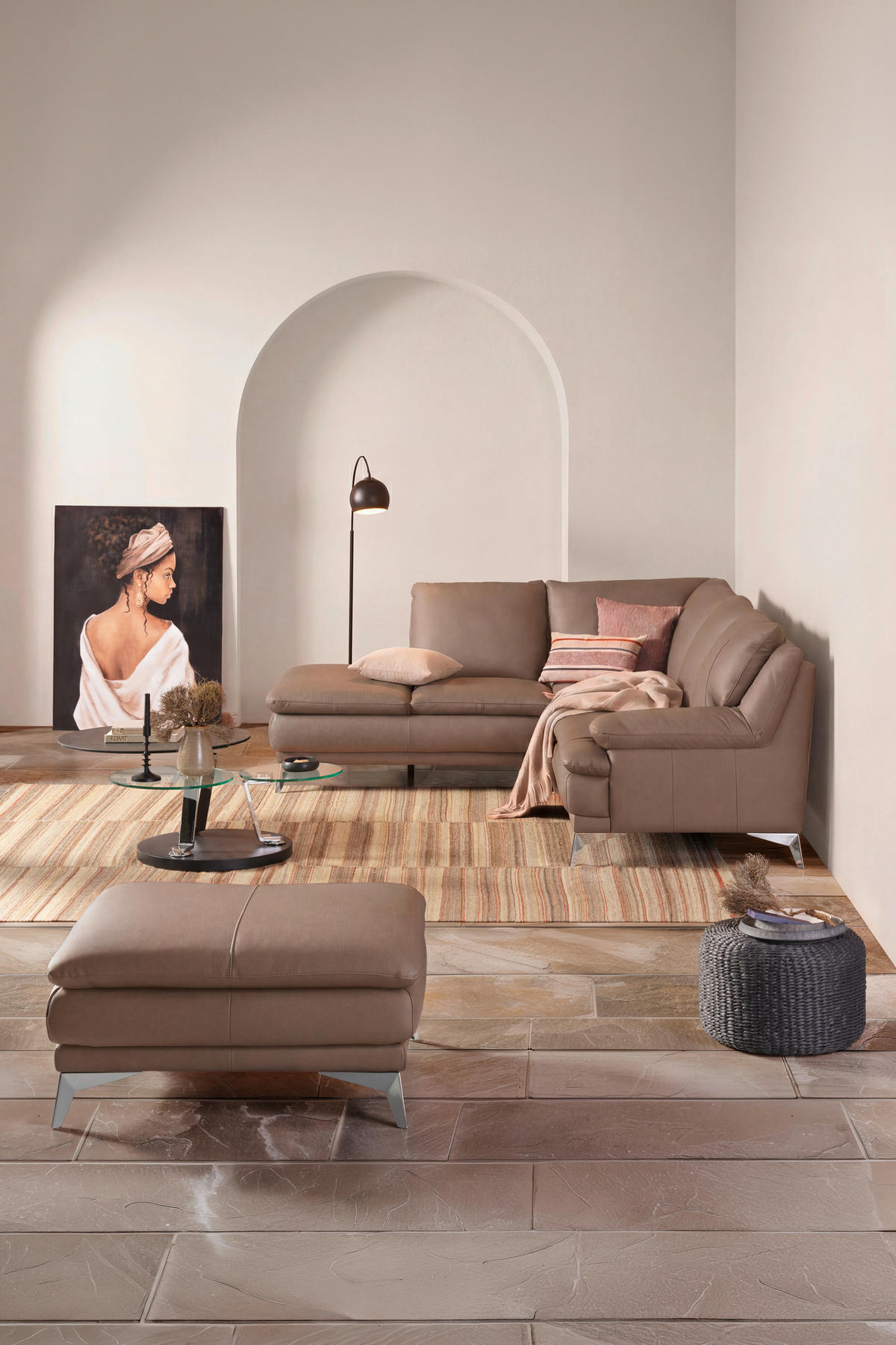 ECKSOFA  in Echtleder Beige  224/242 cm  - Chromfarben/Beige, Design, Leder/Metall (224/242cm) - Novel