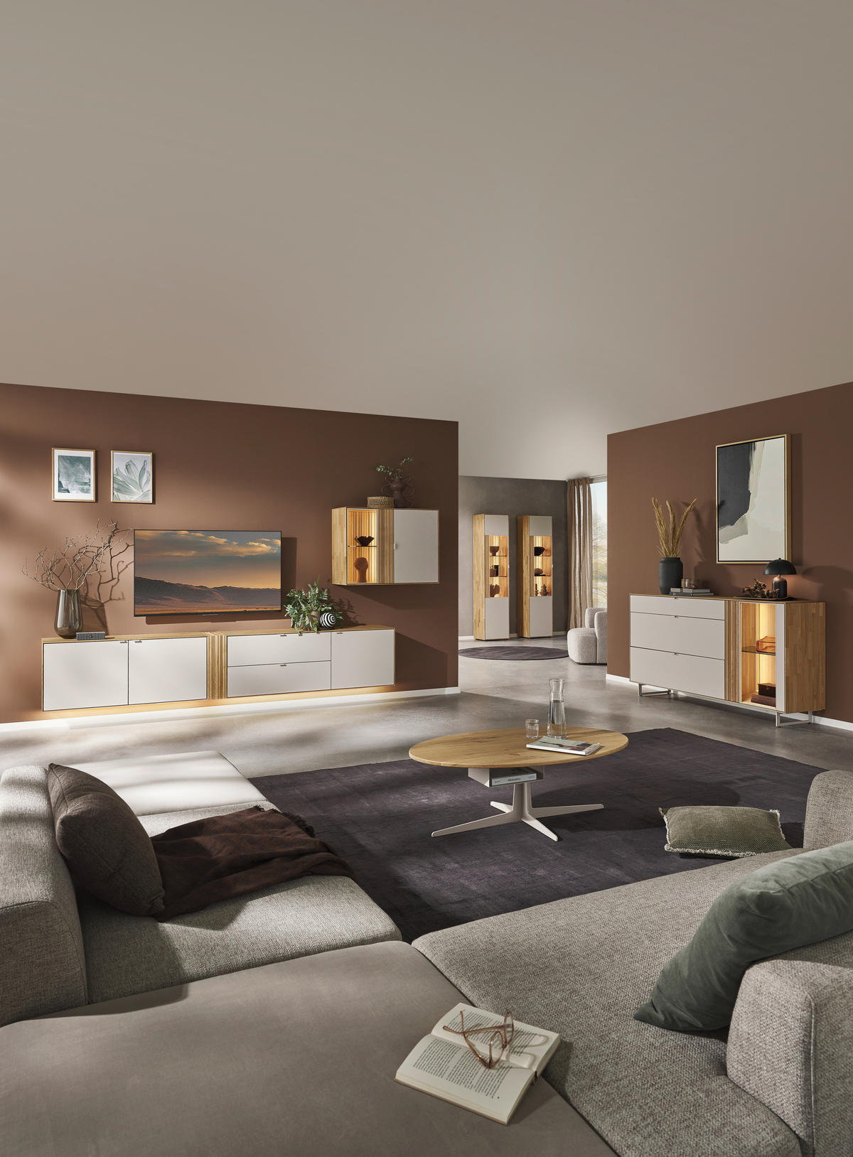 WOHNWAND  in Kaschmir, Wildeiche  333,4/179,3/37,1 cm    - Kaschmir/Wildeiche, Design, Glas/Holz (333,4/179,3/37,1cm) - Dieter Knoll