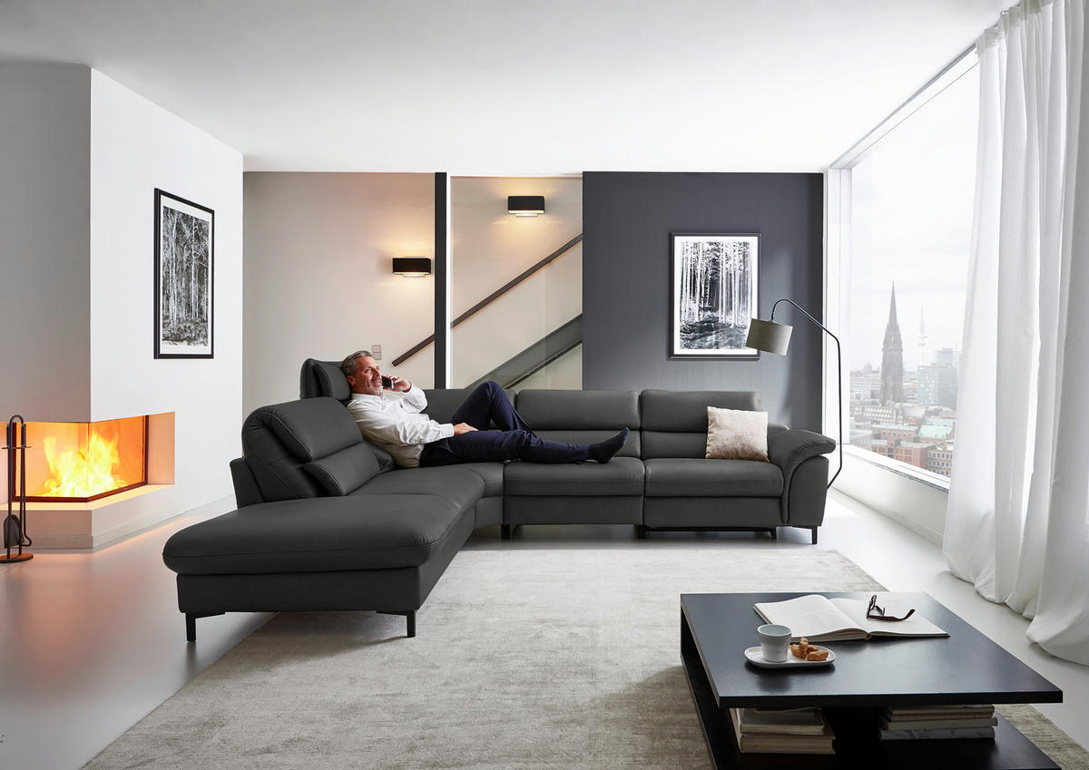 ECKSOFA Valdera Schwarz Echtleder  - Schwarz, Design, Leder/Metall (246/280cm) - Hukla