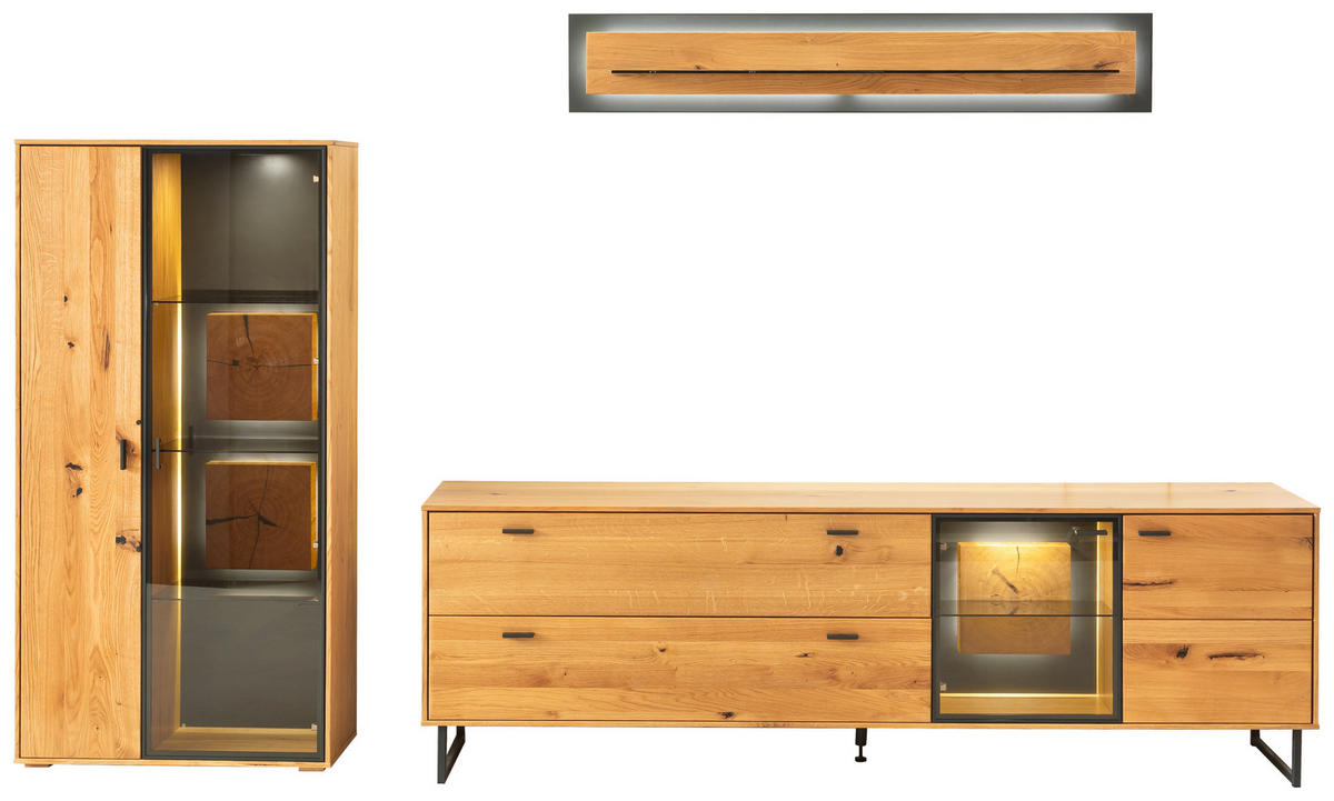 WOHNWAND  in Wildeiche 306/188/50 cm  - Wildeiche/Schwarz, Design, Glas/Holz (306/188/50cm) - MID.YOU