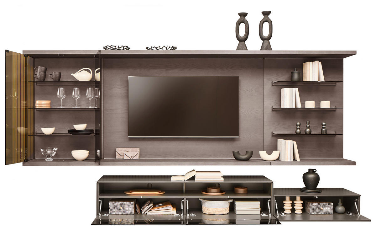 WOHNWAND  in Grau, Eiche dunkel 349,2/182/46 cm  - Eiche dunkel/Grau, Design, Glas/Holz (349,2/182/46cm) - Emilio Belluti