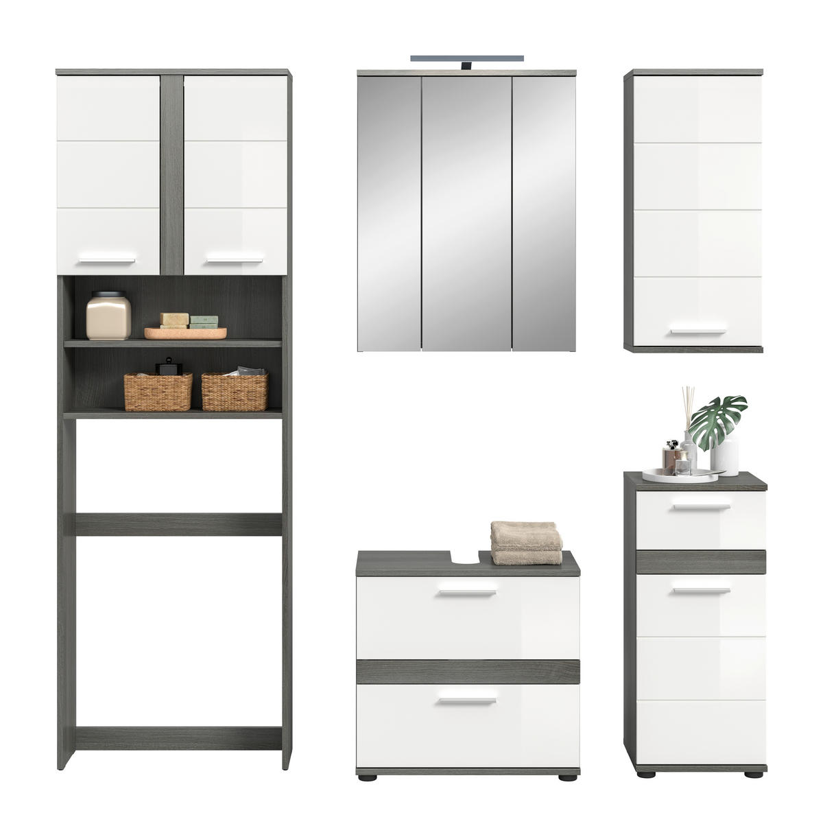 BADEZIMMER 6-teilig  in 188 cm  - Weiß Hochglanz/Silberfarben, Trend, Glas/Holzwerkstoff (188cm) - MID.YOU
