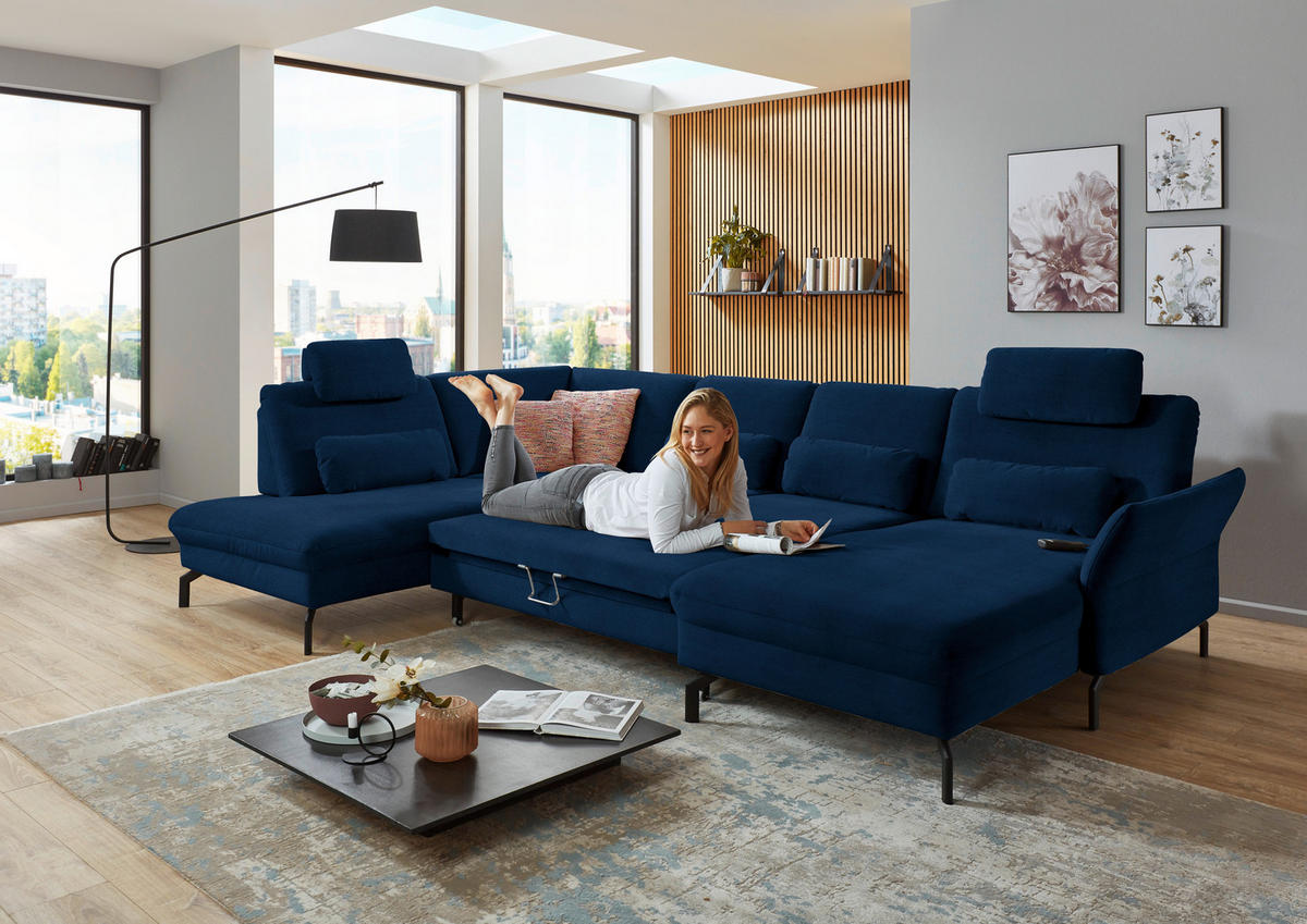 WOHNLANDSCHAFT in Velours Dunkelblau  - Schwarz/Dunkelblau, Design, Textil/Metall (220/335/179cm) - Beldomo System