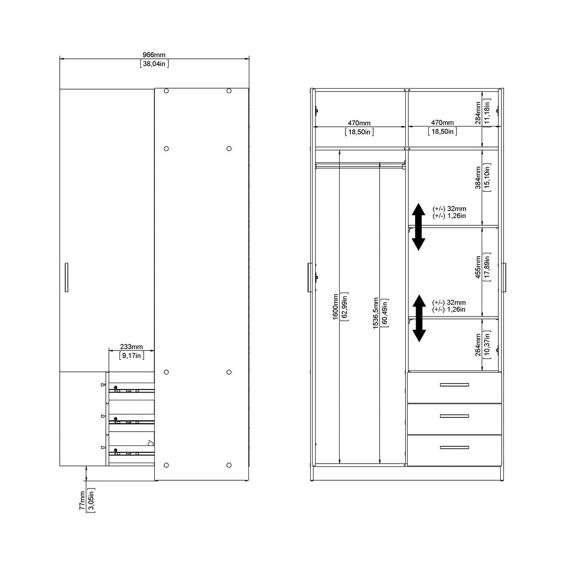 KLEIDERSCHRANK in Weiss  - Weiss/Schwarz, Basics, Holzwerkstoff/Metall (98,5ml) - MID.YOU