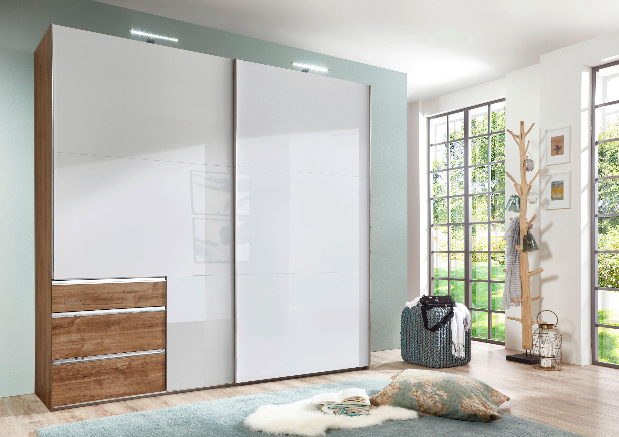 SCHWEBETÜRENSCHRANK 250/216/65 cm 2-türig Eichefarben, Weiß Hochglanz  - Chromfarben/Weiß Hochglanz, MODERN, Holzwerkstoff/Metall (250/216/65cm) - MID.YOU