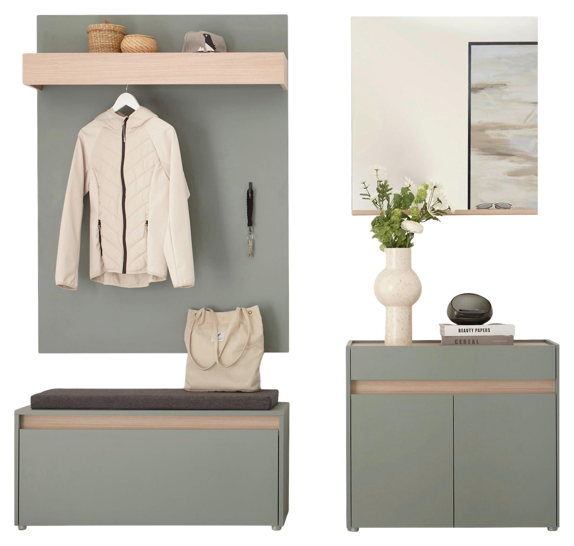 GARDEROBE 5-teilig  in 190/200/40 cm  - Eichefarben/Salbeigrün, Design, Glas/Holzwerkstoff (190/200/40cm) - Modante