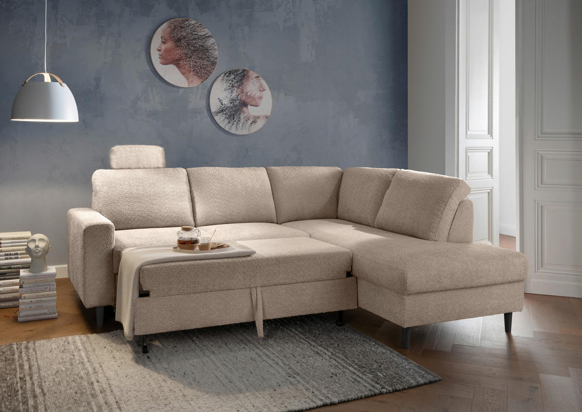 ECKSCHLAFSOFA Beige Bouclé  - Beige/Schwarz, MODERN, Holz/Textil (242/200cm) - Livetastic