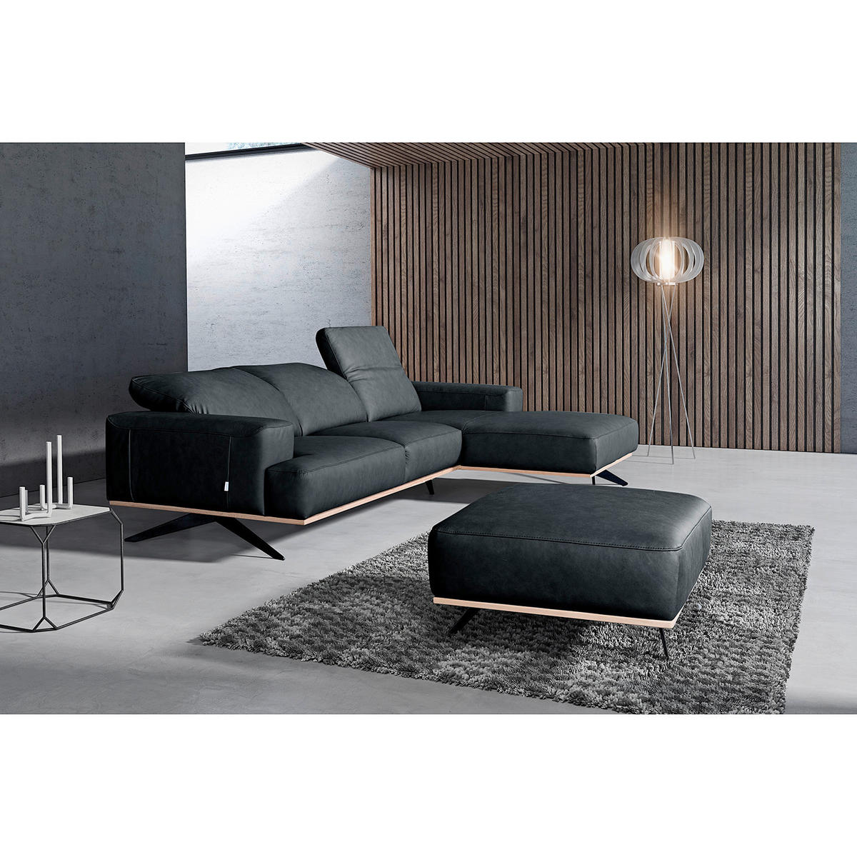 HOCKER in Leder Blau  - Blau/Schwarz, Design, Leder/Metall (95/46/80cm) - Livetastic