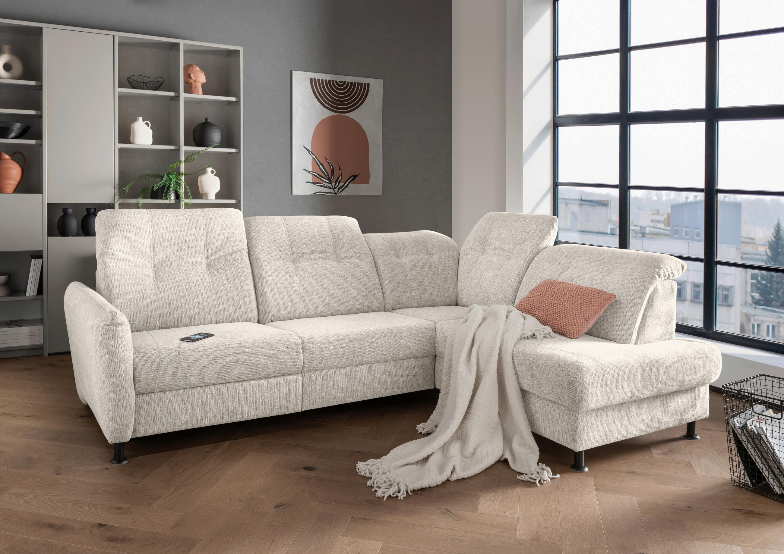 ECKSOFA in Chenille Beige  - Beige/Schwarz, Modern, Textil/Metall (270/198cm) - Livetastic