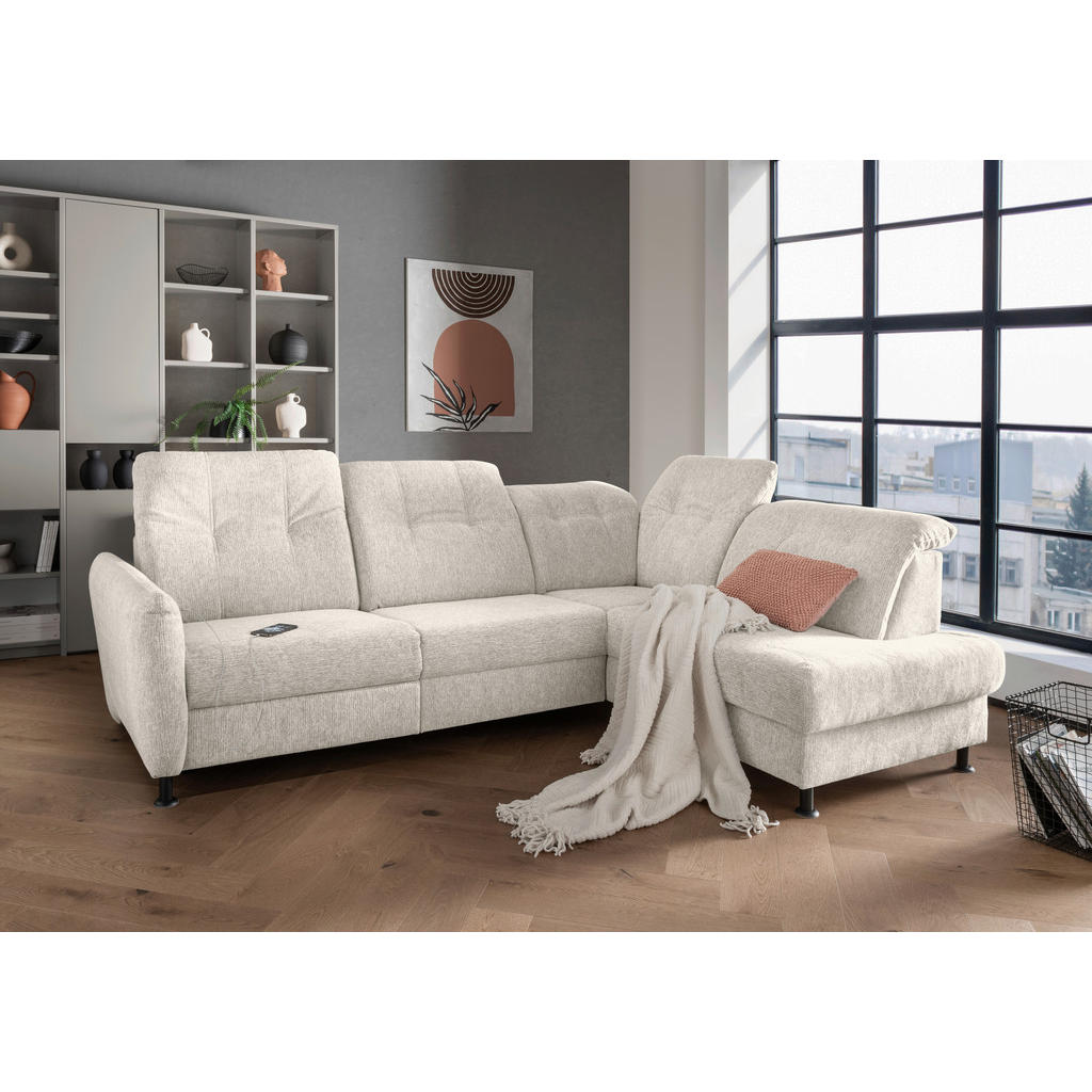 Thumbnail - Livetastic Ecksofa, Beige, Textil, Uni, 4-Sitzer, Ottomane rechts, L-Form, 270x198 cm, Made in EU, seitenverkehrt erhält...