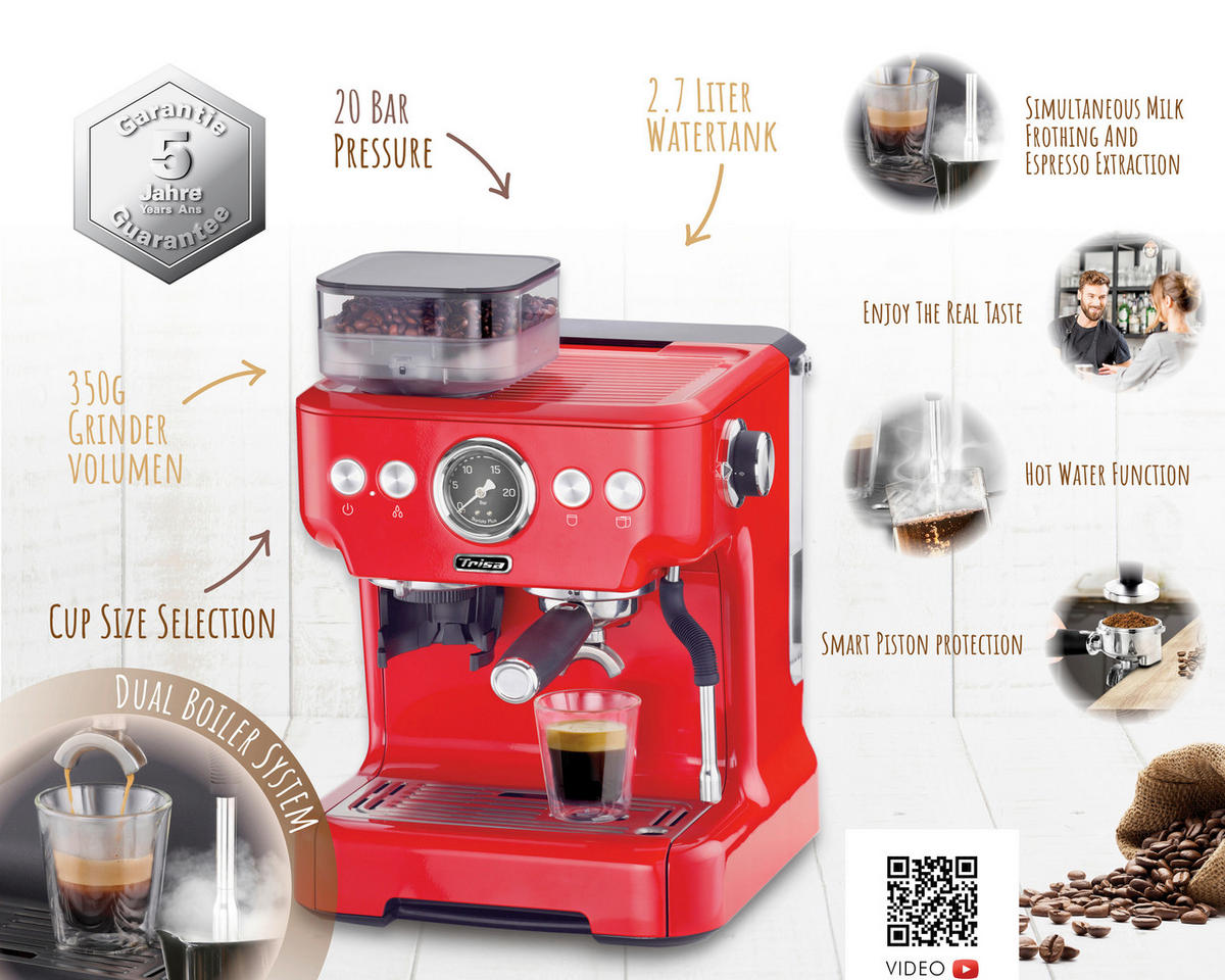 ESPRESSOMASCHINE BARISTA PLUS  - Rot, Konventionell, Metall (28/41/33cm) - Trisa Electronics