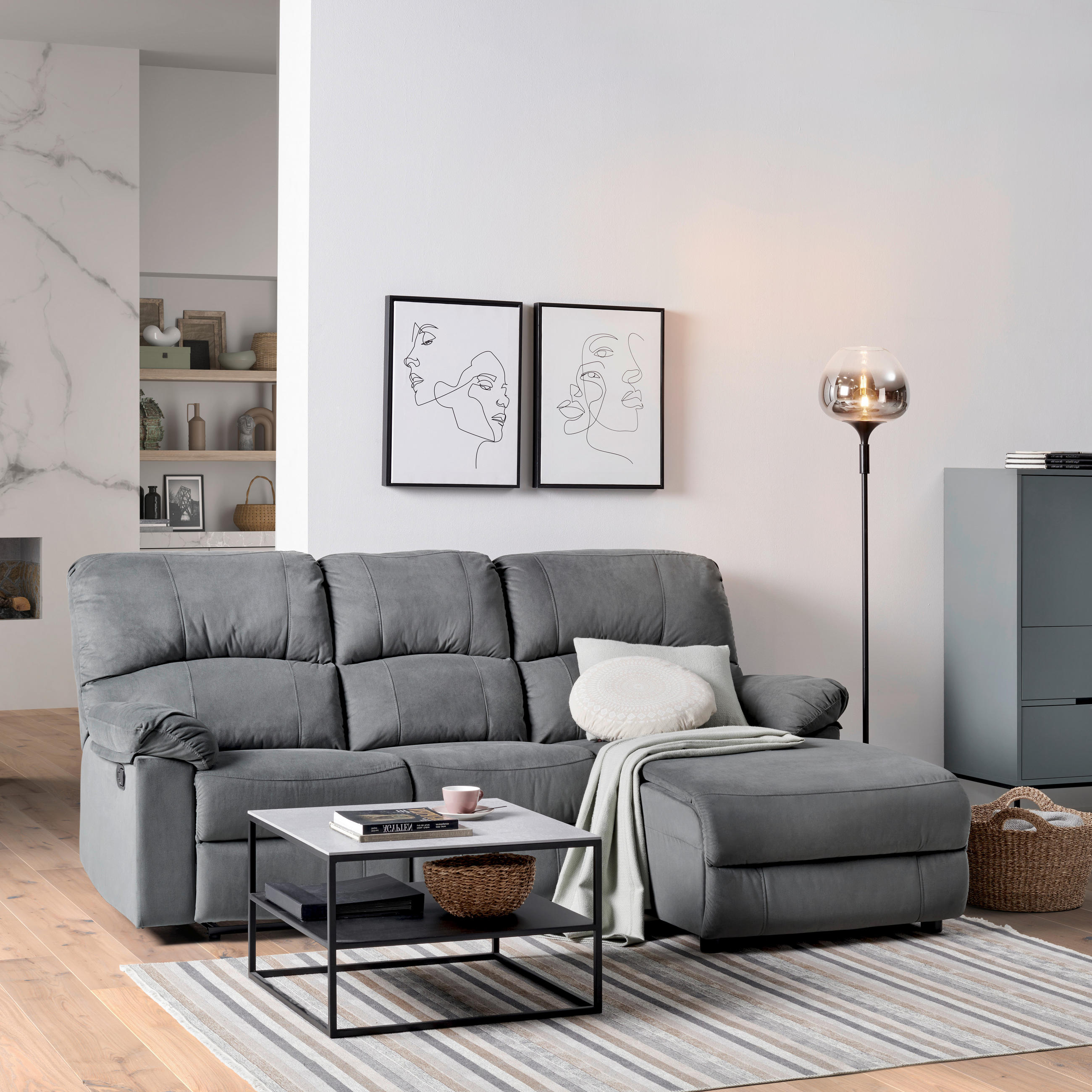Thumbnail - P & B Ecksofa, Grau, Textil, 3-Sitzer, Ottomane rechts, L-Form, 216x159 cm, Relaxfunktion, Wohnzimmer, Sofas & Couches, ...