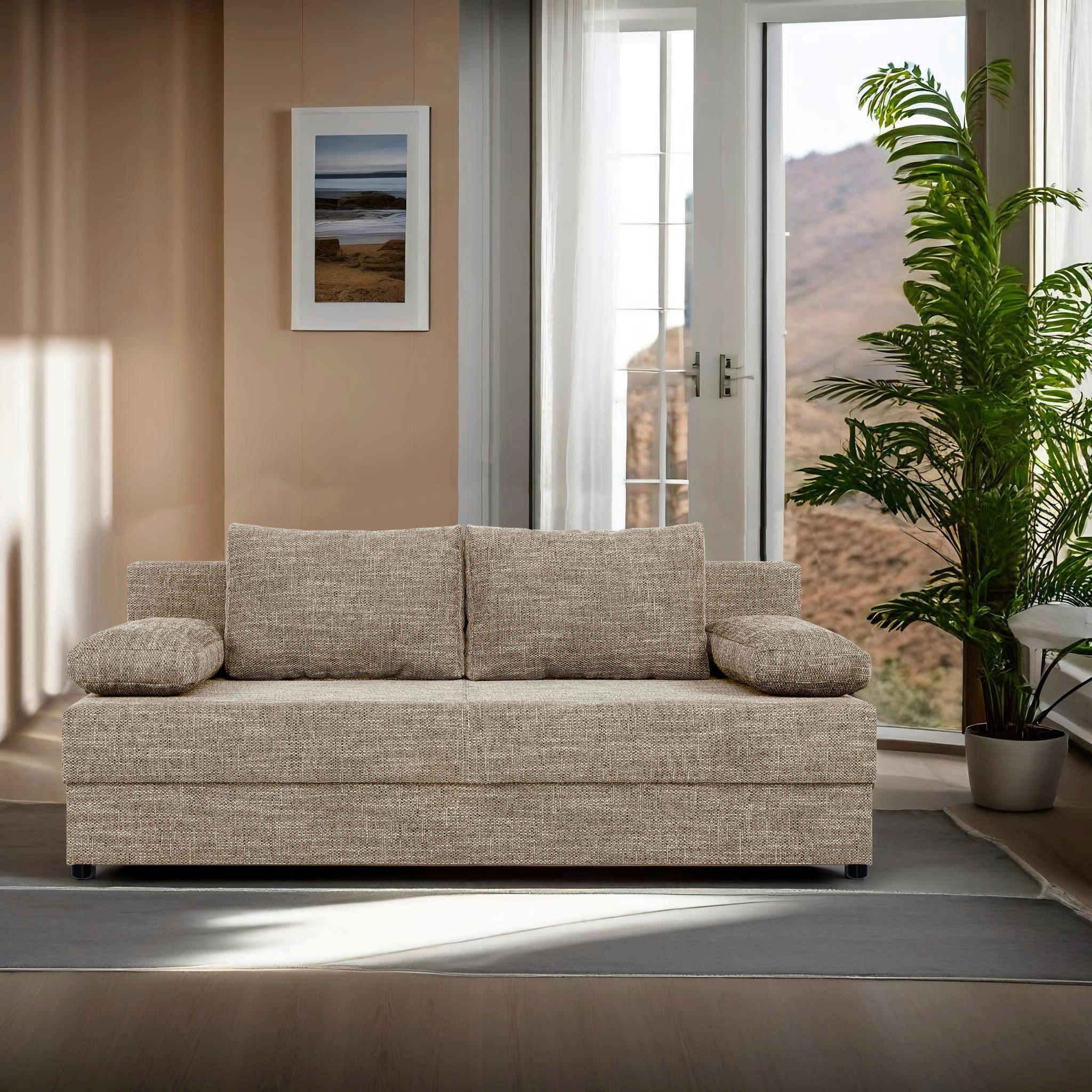 P & B ROZKLÁDACÍ POHOVKA, textil, kompozitní dřevo, cappuccino