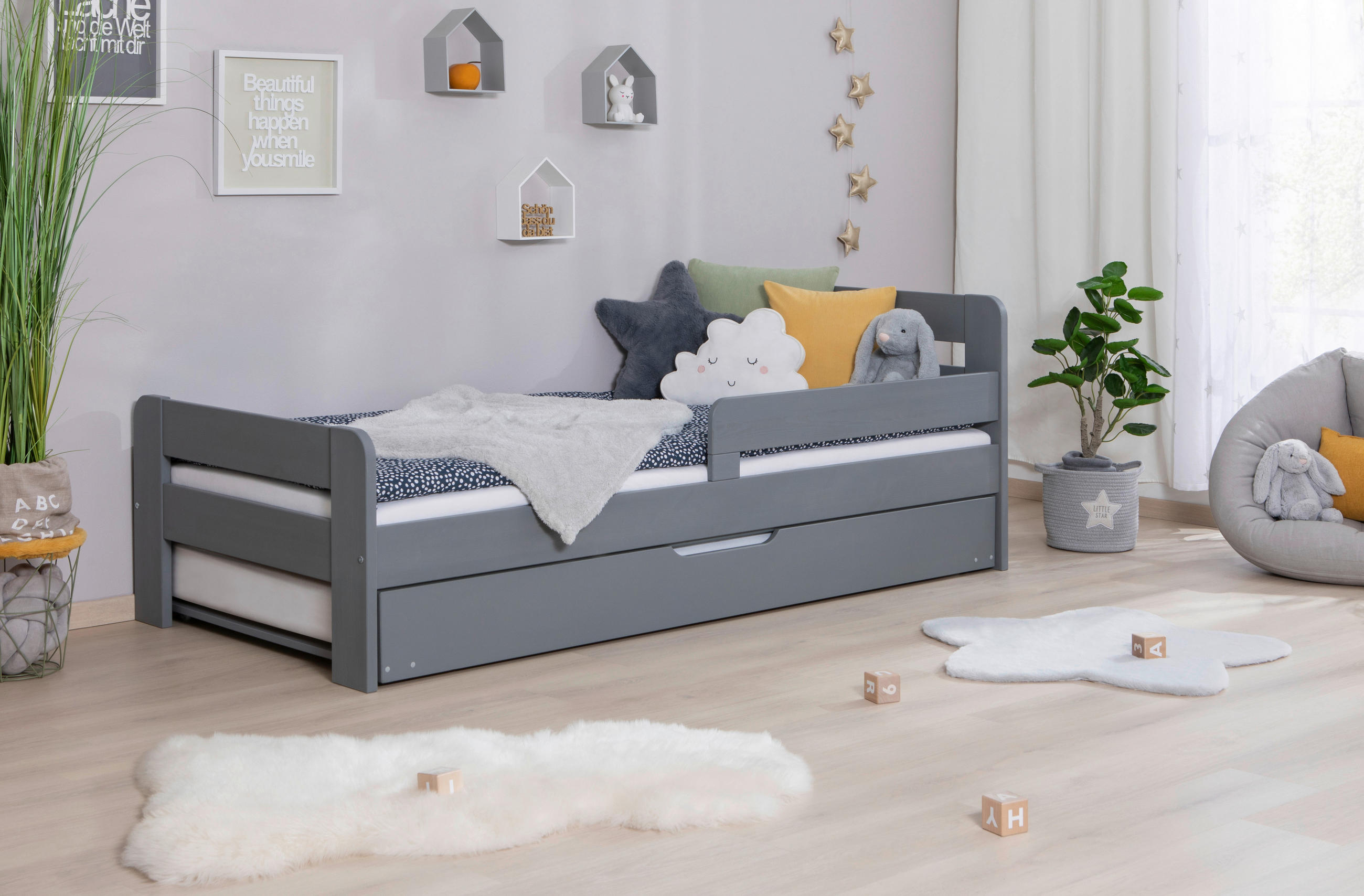 AUSZIEHBETT 90/200 cm  in Hellgrau  - Hellgrau/Naturfarben, MODERN, Holz/Textil (90/200cm) - MID.YOU