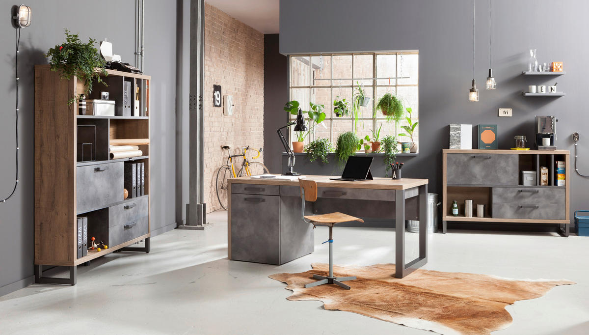 Birou in material pe bază de lemn  - culoare lemn stejar/gri, Trend, metal/material pe bază de lemn (170/69/76cm) - Stylife